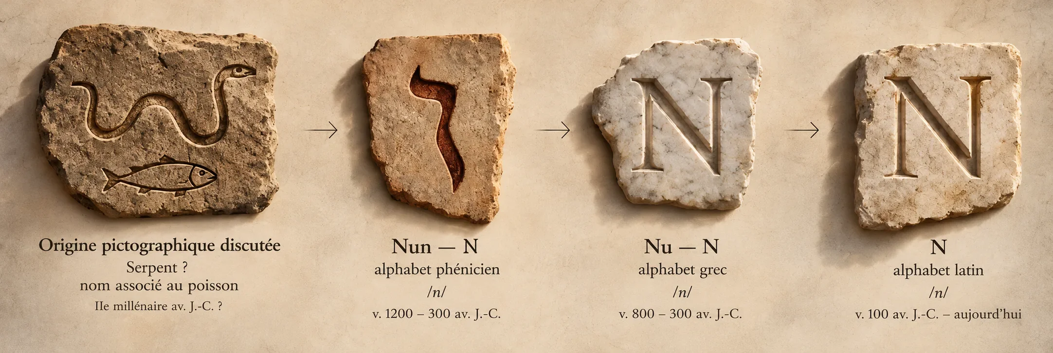 Évolution de Nun depuis une origine pictographique discutée associée au serpent, tandis que son nom renvoie au poisson, vers la lettre phénicienne Nun, le Nu grec et le N latin