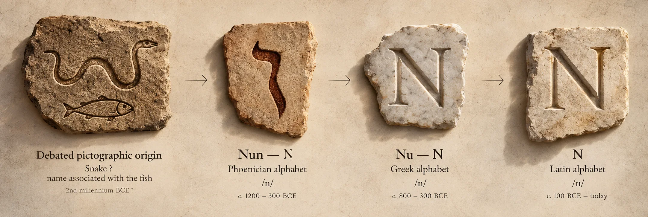 Evolution of Nun from a debated pictographic prototype associated with a snake, while its name refers to the fish, to Greek Nu and the Latin N