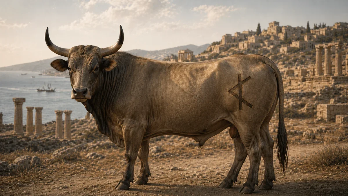 Ox standing on an ancient Mediterranean site with the letter Aleph engraved on its rear flank, facing the sea
