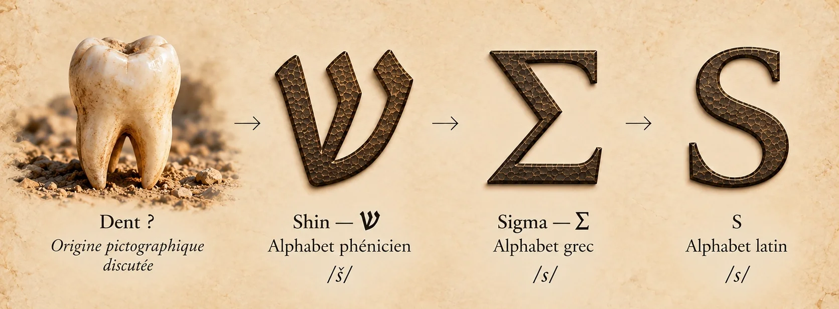 Évolution de Shin, de son origine pictographique discutée liée à la dent à la lettre phénicienne, puis au Sigma grec et au S latin