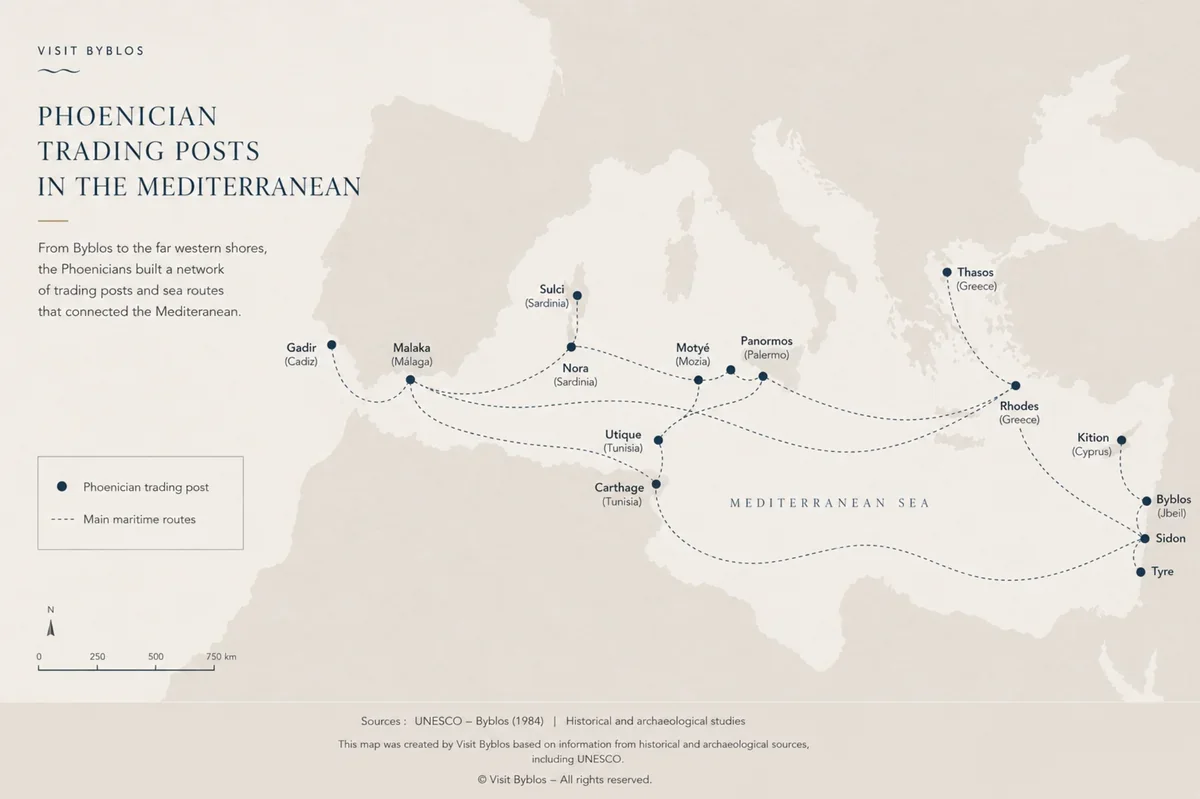 Map of the Phoenician trade network across the Mediterranean, from Byblos to the western shores, illustrating ancient maritime routes