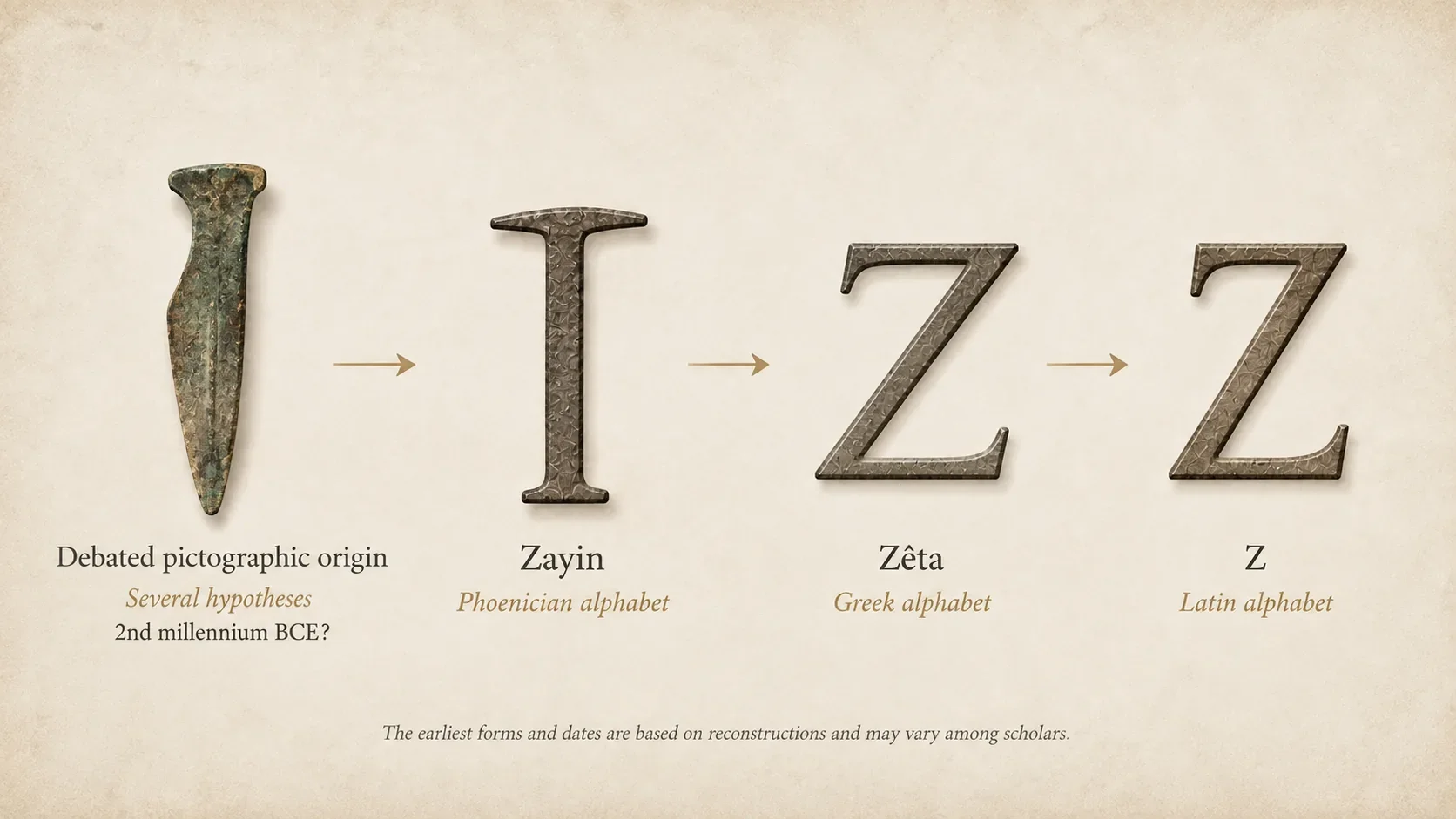 Evolution of Zayin from a debated pictographic origin to the Phoenician letter, then to Greek Zeta and the Latin Z