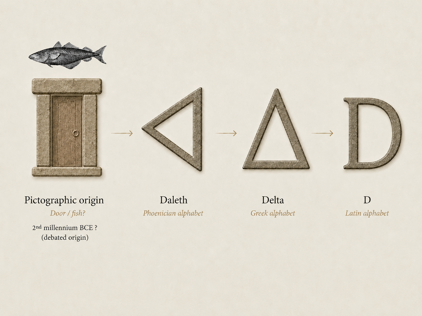 Evolution of Daleth from two possible pictographic origins, the door and the fish, then to Greek Delta and the Latin letter D