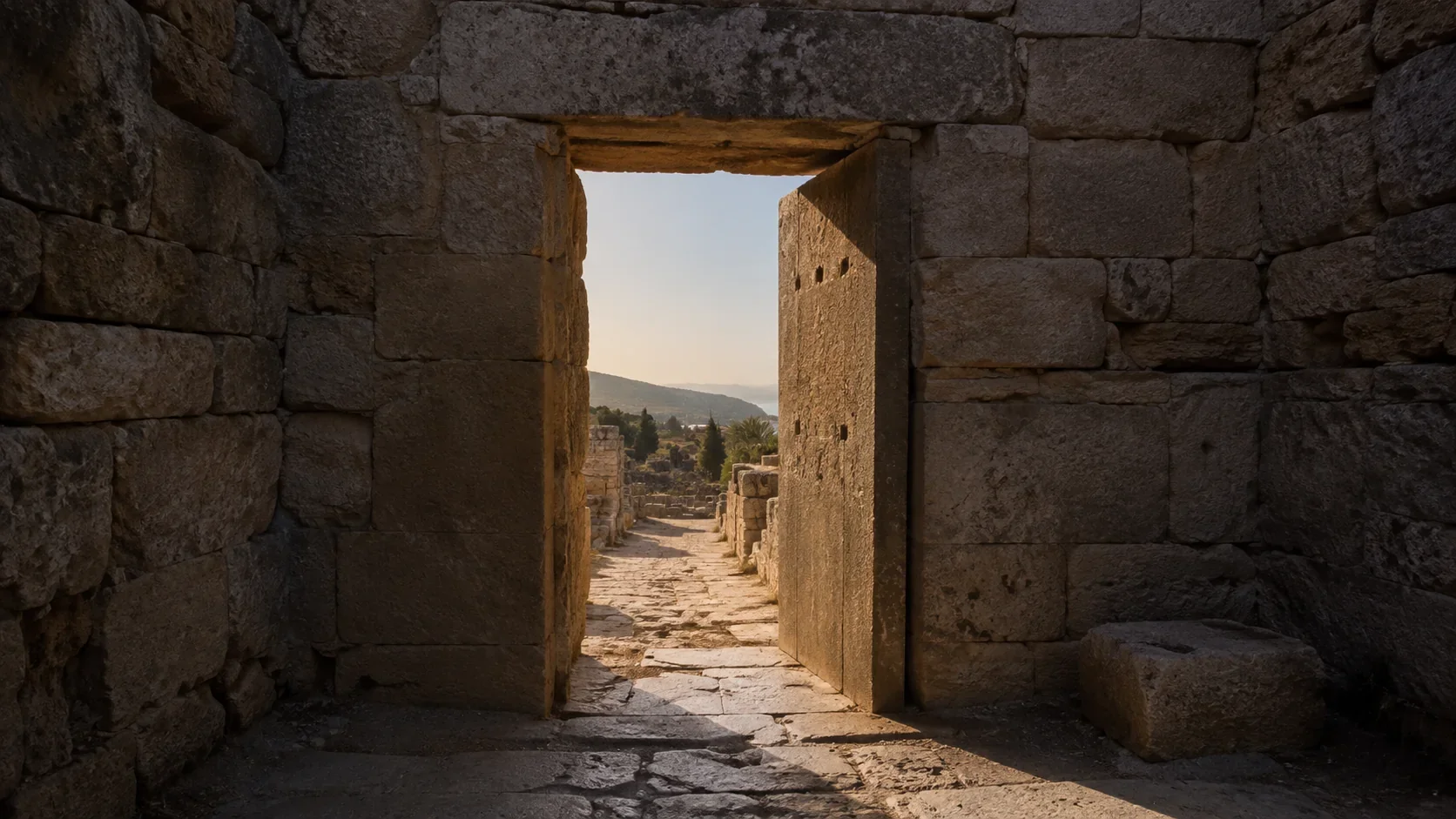 Ancient stone doorway opening onto an archaeological site, illustrating the Phoenician letter Daleth