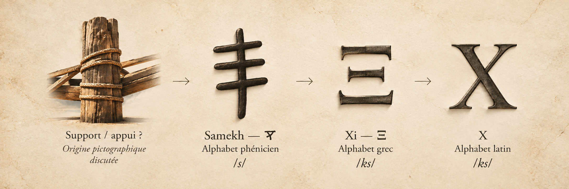 Évolution de Samekh, de son origine pictographique discutée à la lettre phénicienne, puis au Xi grec et au X latin