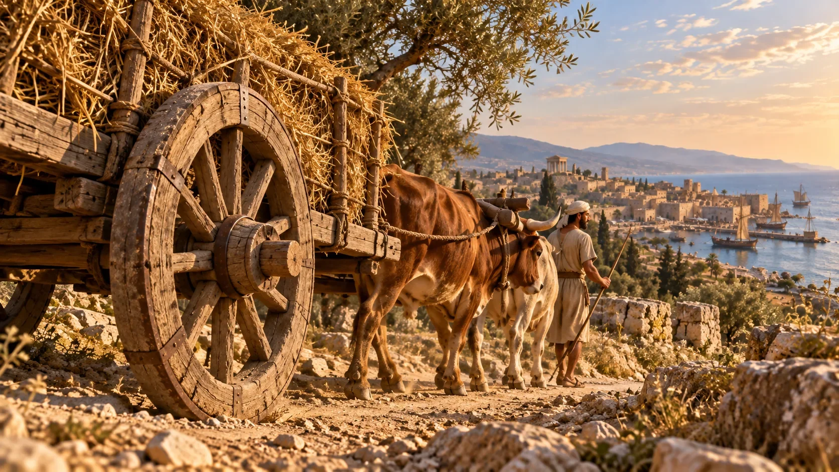 Hay cart pulled by oxen on a road overlooking Byblos, with the wheel in the foreground