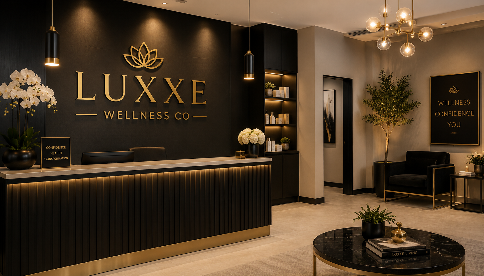 Luxxe Wellness Co reception area with black and gold decor, a reception desk, black armchair, indoor plants, and modern lighting fixtures.