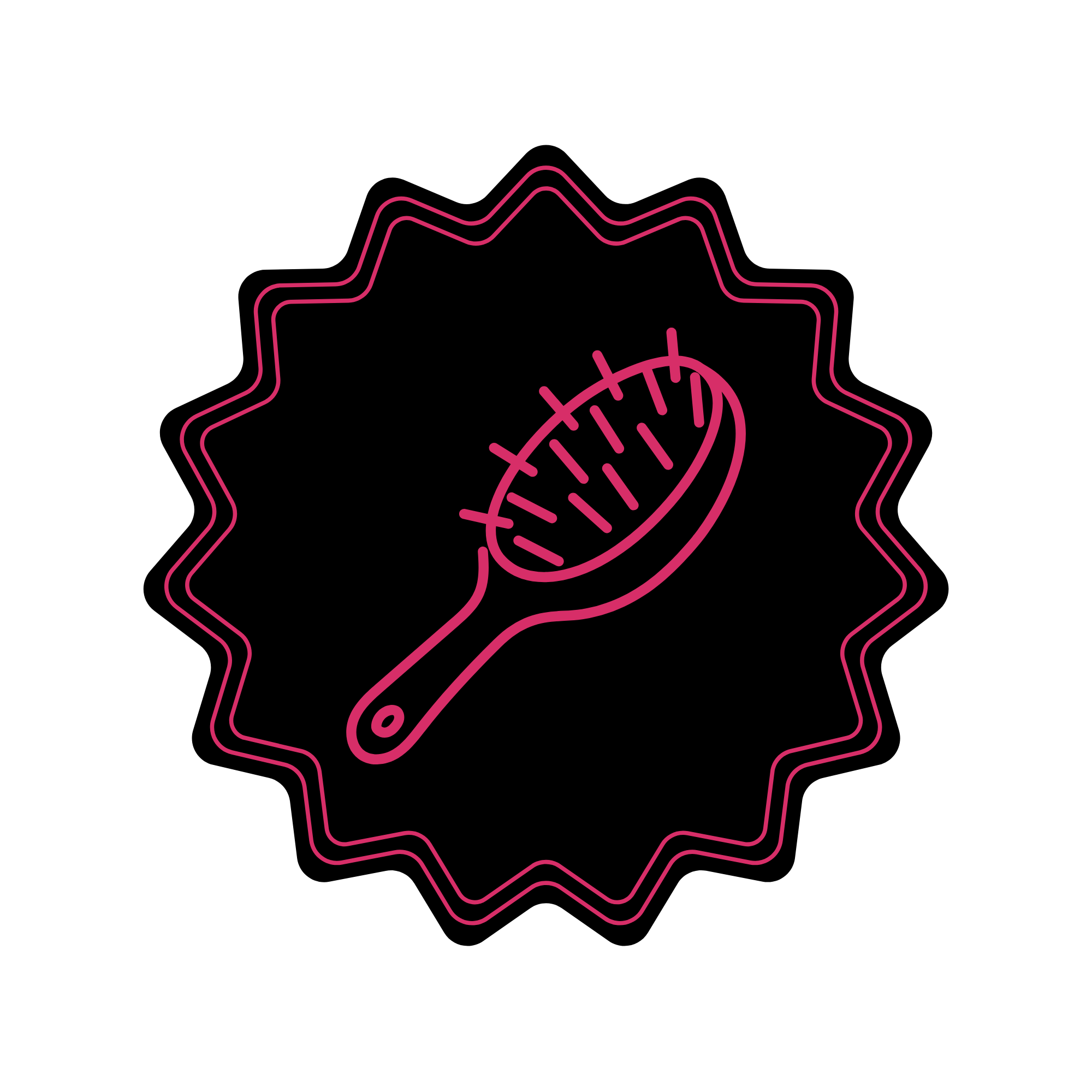 Neon pink outline of a hairbrush with bristles, surrounded by a wavy border on a black background.