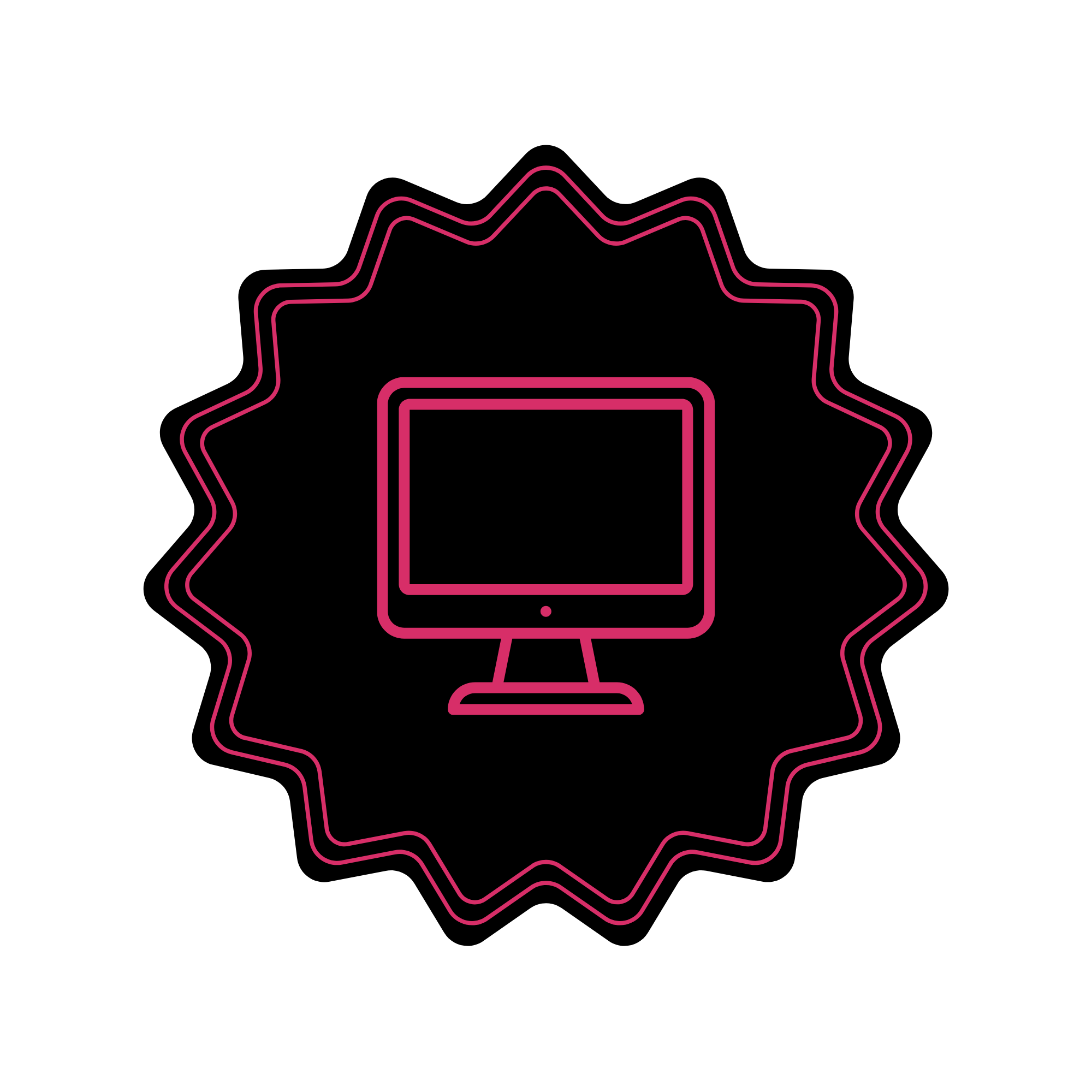 Neon pink computer monitor icon inside a wavy pink outline badge on a black background.