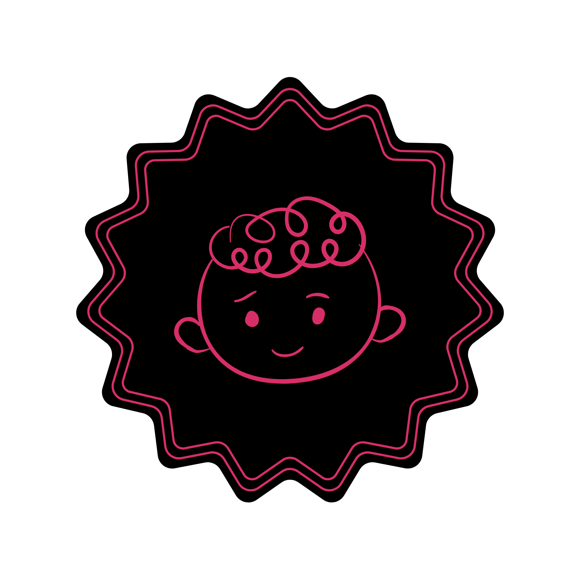 Neon sign of a smiling child's face with curly hair, surrounded by a scalloped pink frame on a black background.