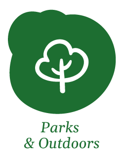Green badge with a white tree icon and the text 'Parks & Outdoors' beneath it.