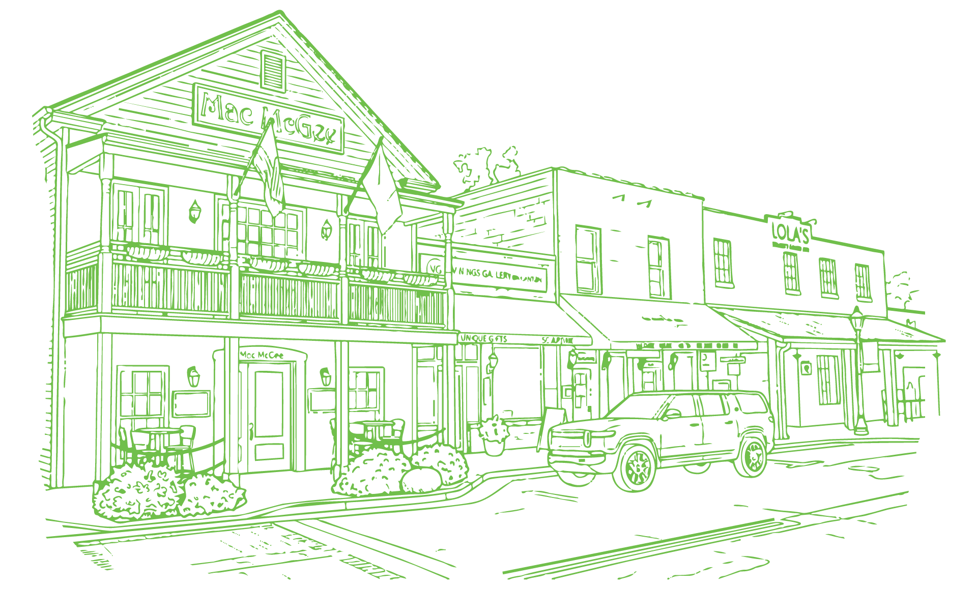 Illustration of Canton Street. Discover, connect, and champion local businesses. Explore and experience the best of Roswell’s businesses.