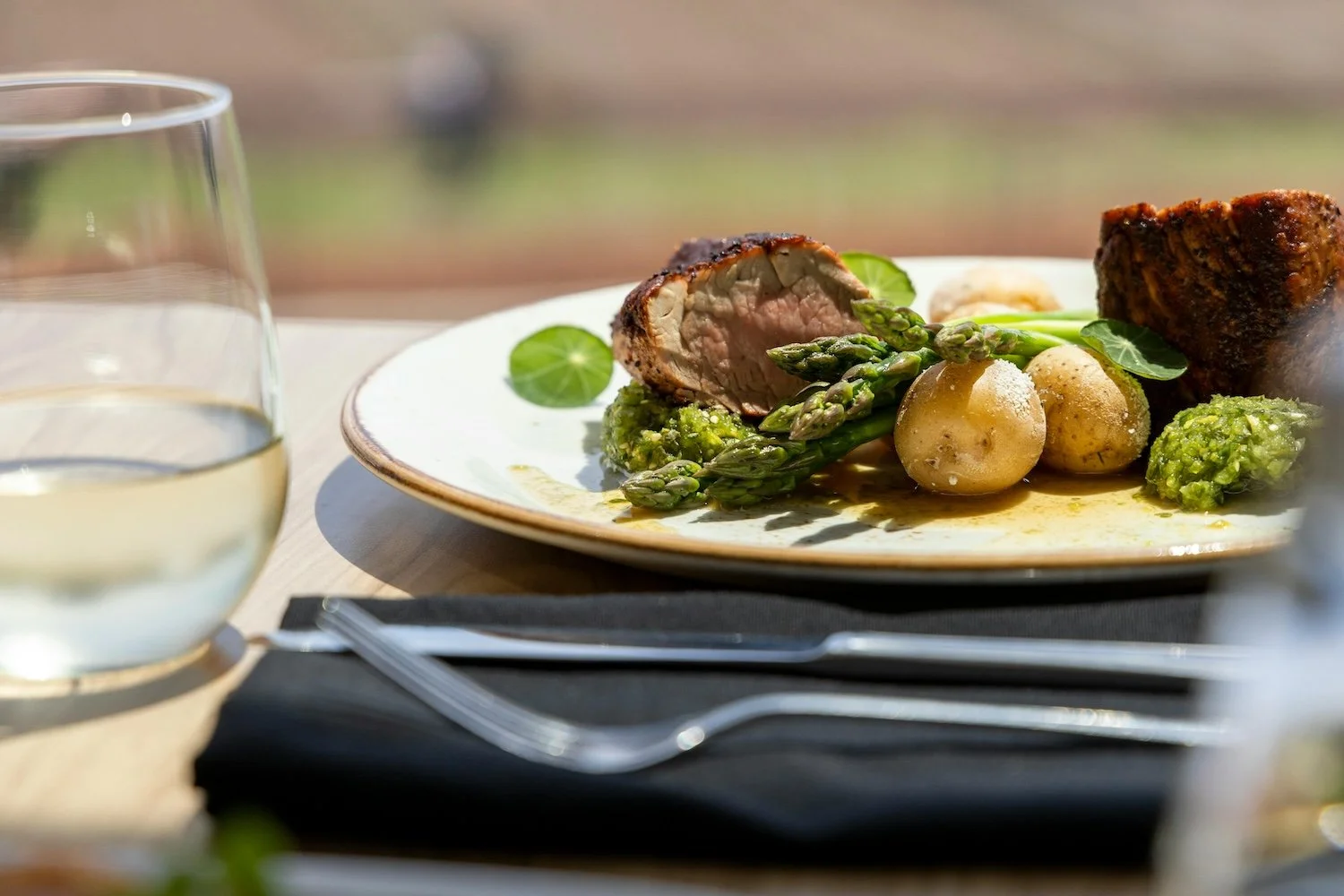 Plate of cooked steak, asparagus, potatoes, and green vegetables, with a glass of white wine nearby, on a table outside.