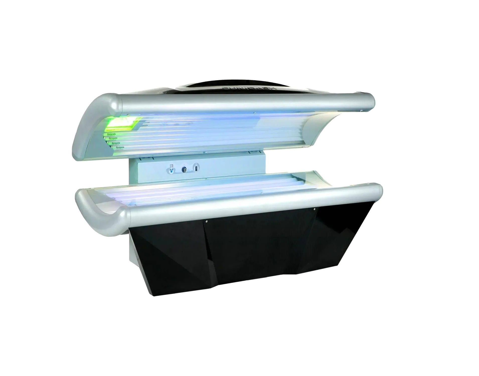 A modern tanning bed with a sleek, futuristic design, featuring glowing UV light tubes and control panel, set against a plain background.