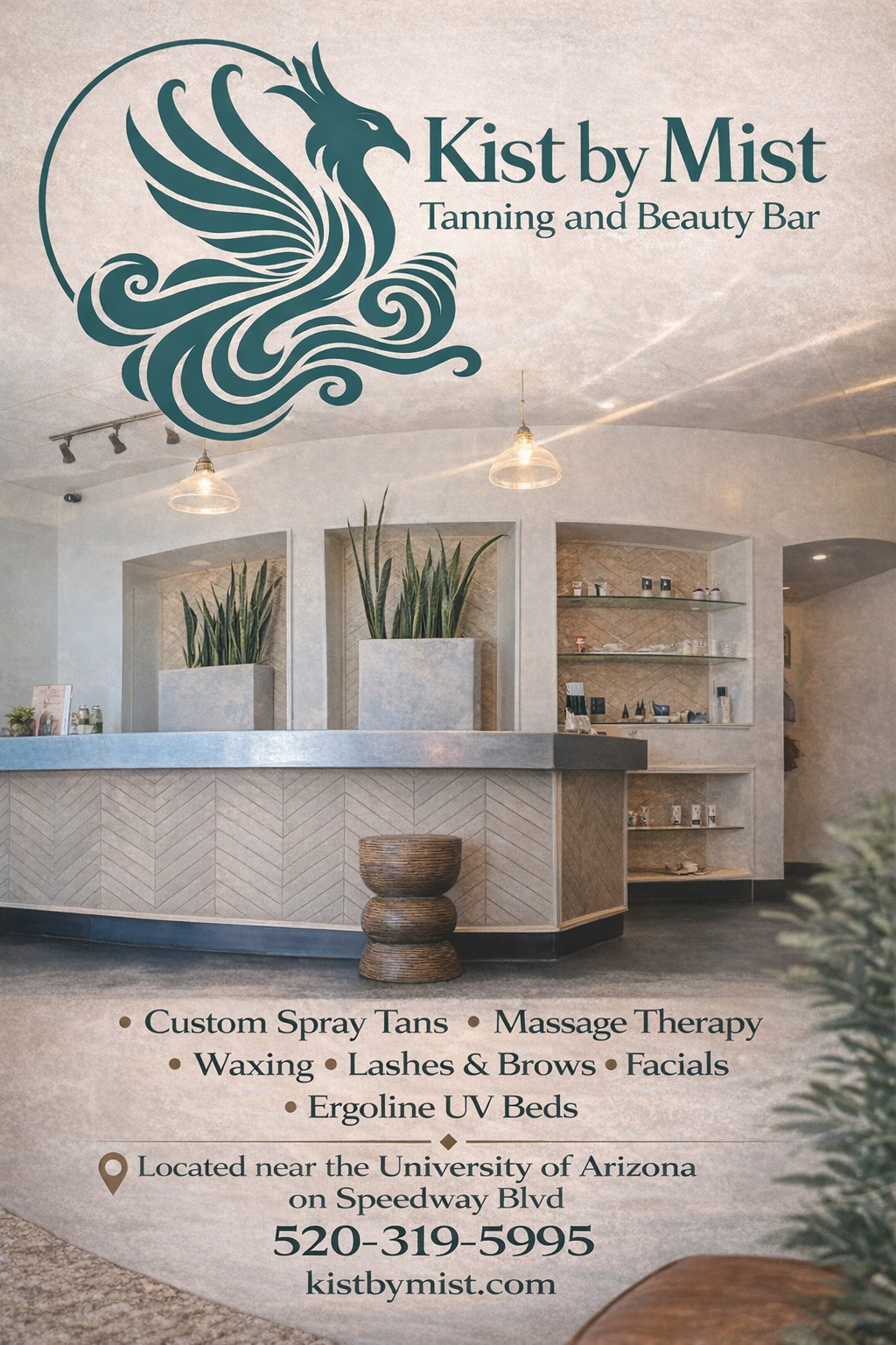 Sign for Kist by Mist, a tanning and beauty bar, with a stylized dragon logo. Services listed include custom spray tans, massage therapy, waxing, lashes and brows, facials, and ergoline UV beds. Located near the University of Arizona on Speedway Blvd, phone number 520-319-5995, website kistbymist.com.