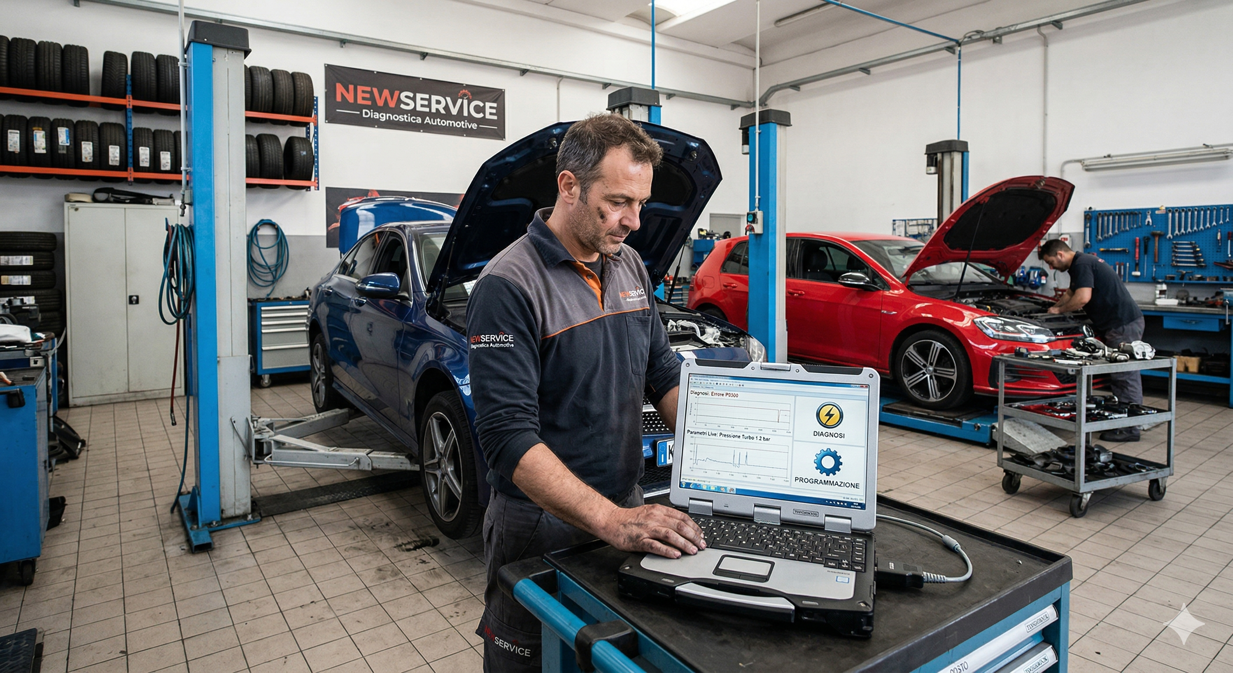 Meccanico al lavoro in officina con auto diagnosticata usando un computer portatile, con altre auto in riparazione sullo sfondo.