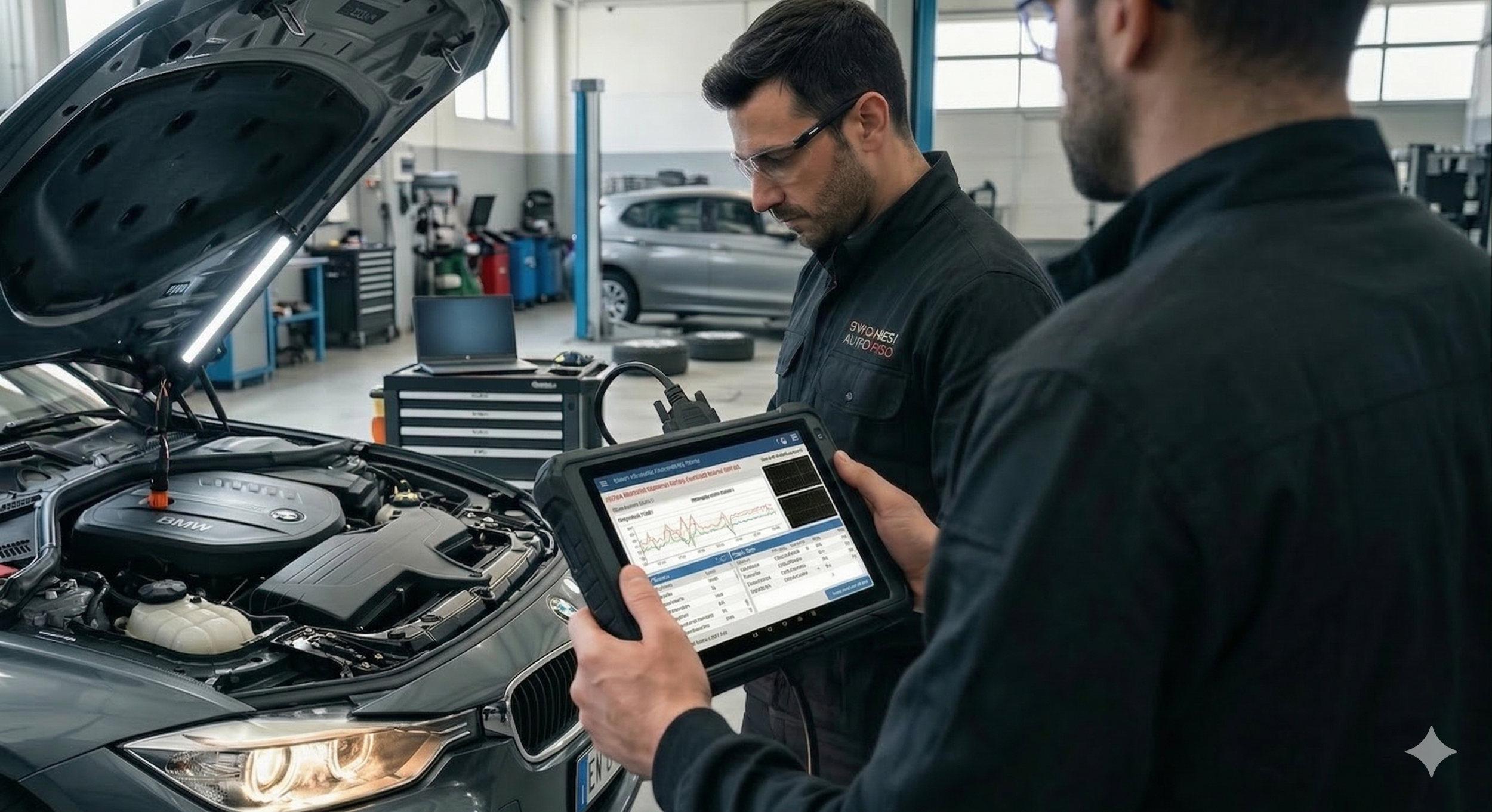Due tecnici in abbigliamento da officina meccanica analizzano i dati di un'auto BMW durante una diagnosi elettronica in un'officina moderna.