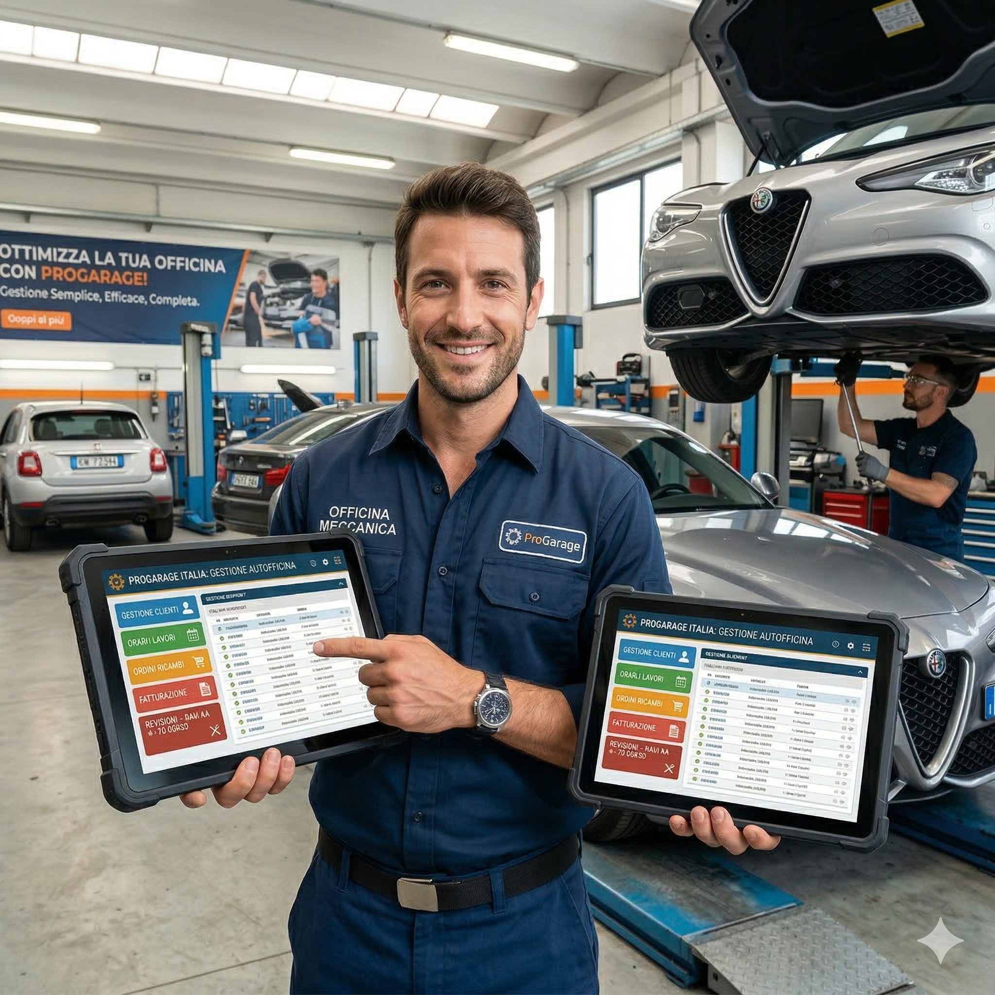 Meccanico sorridente che tiene due tablet con software di gestione officina, in un'officina con auto sollevate e altri meccanici al lavoro.