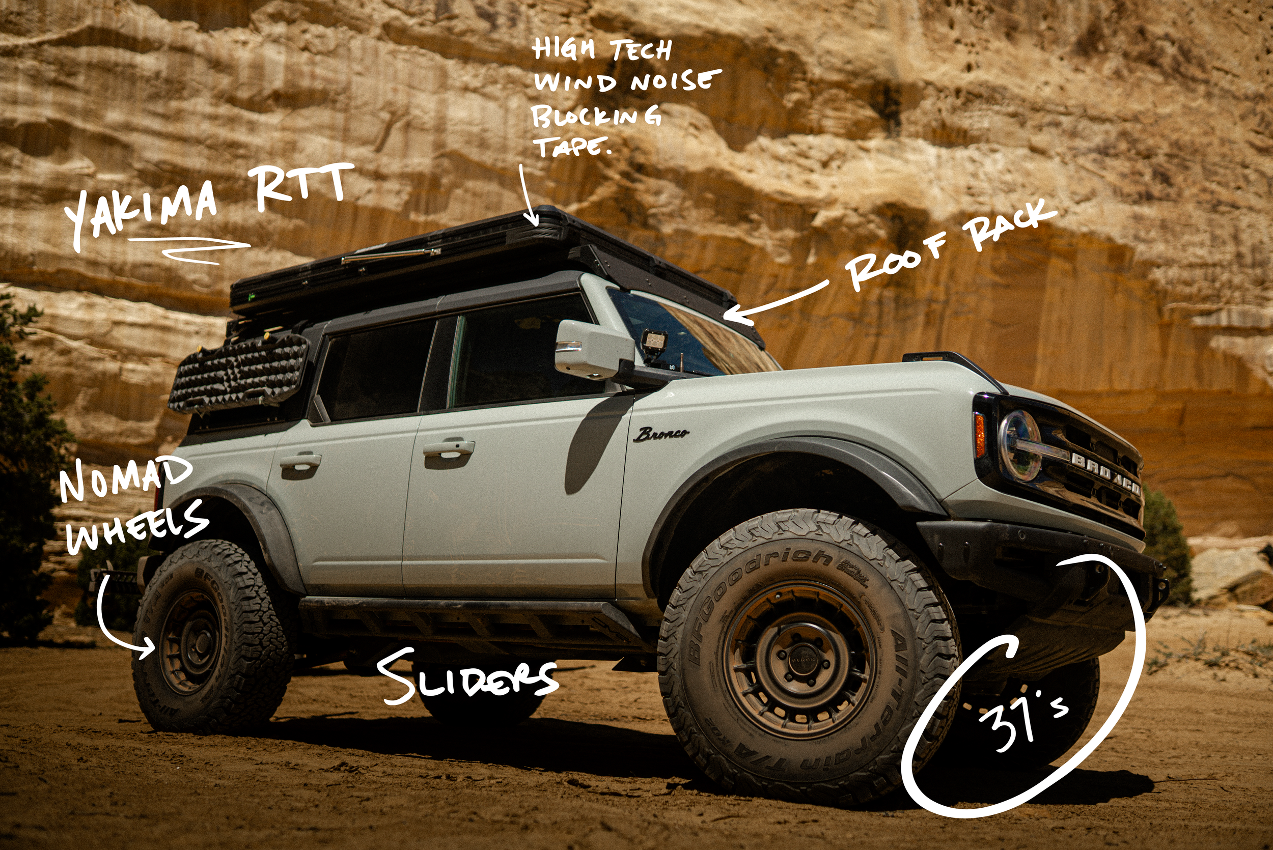 bronco on 37s with rooftop tent and overland build callouts