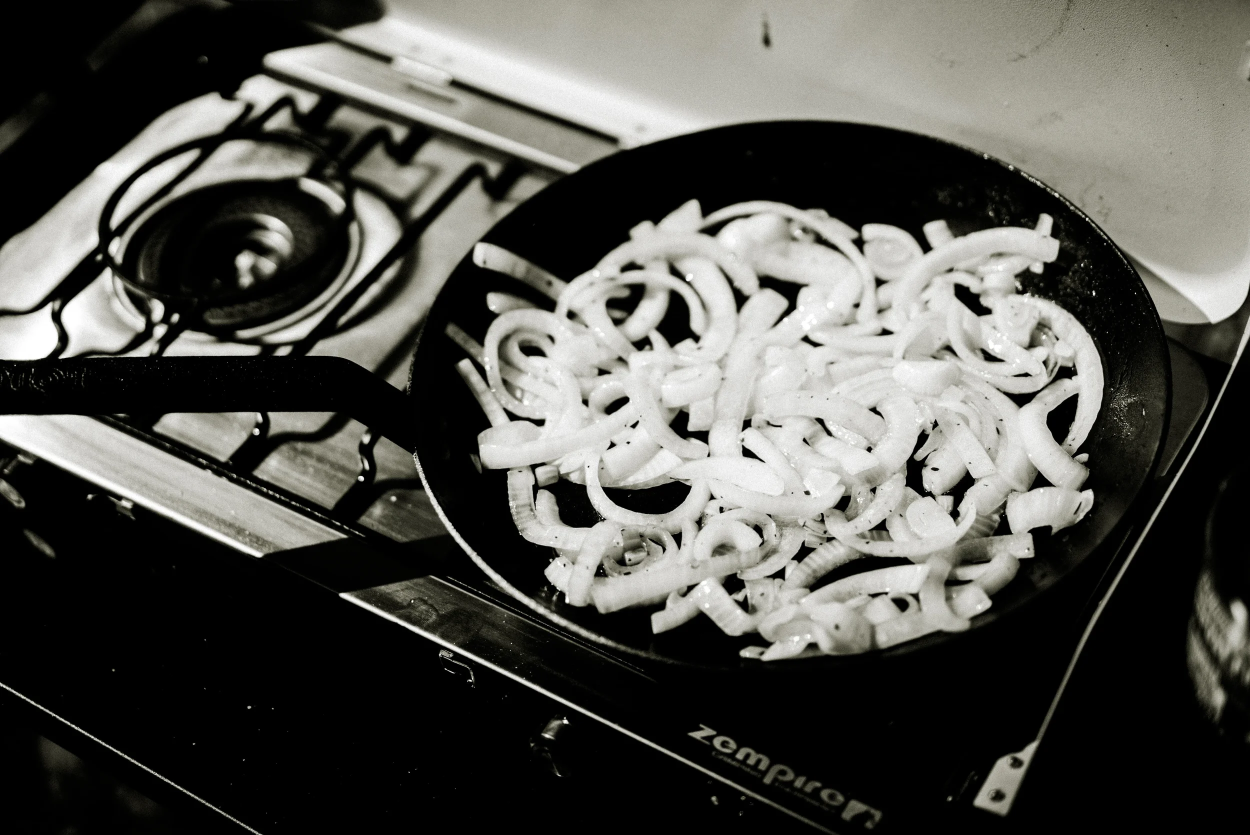 caramelized onions on a camp stove
