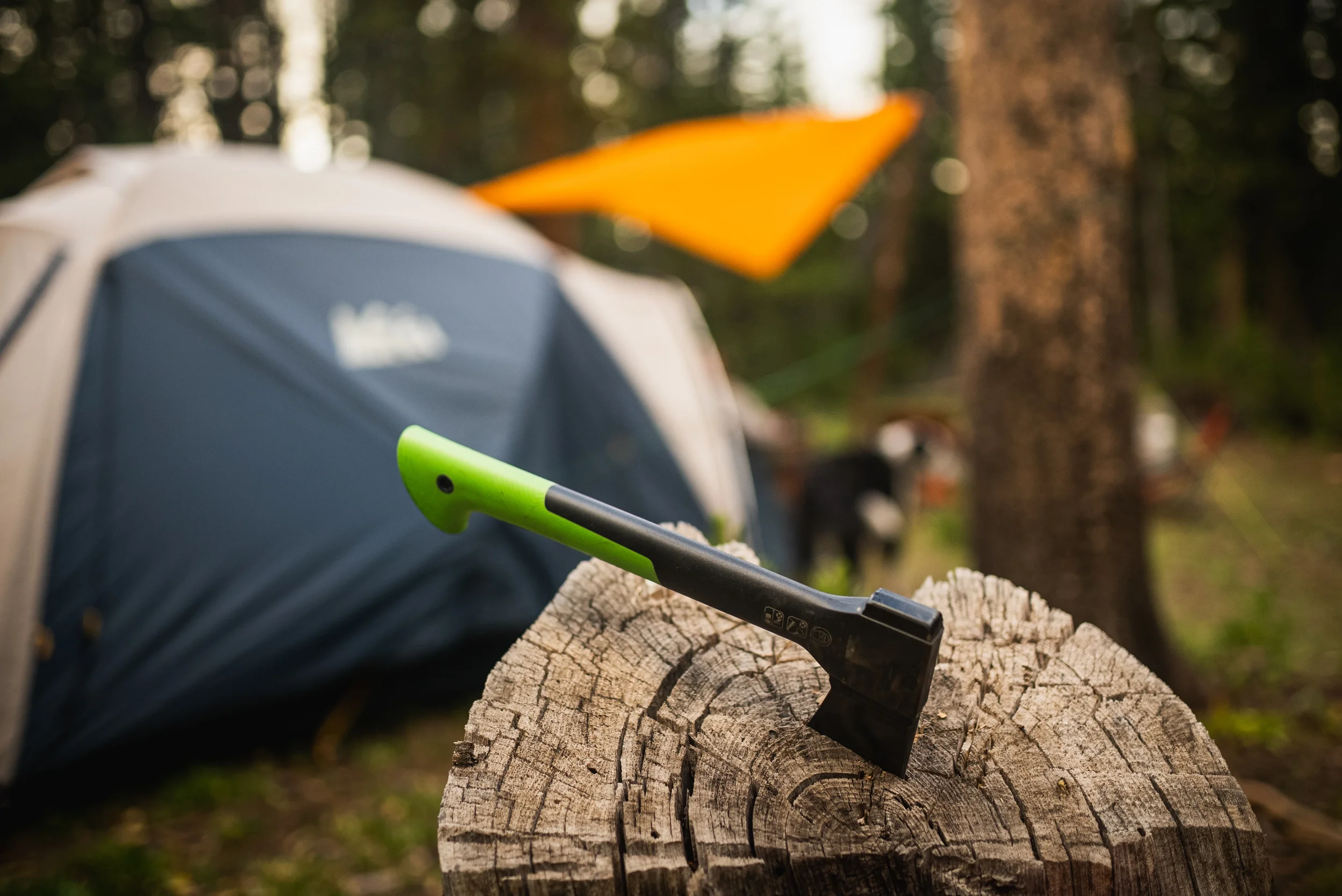 green hatchet embedded in a stump