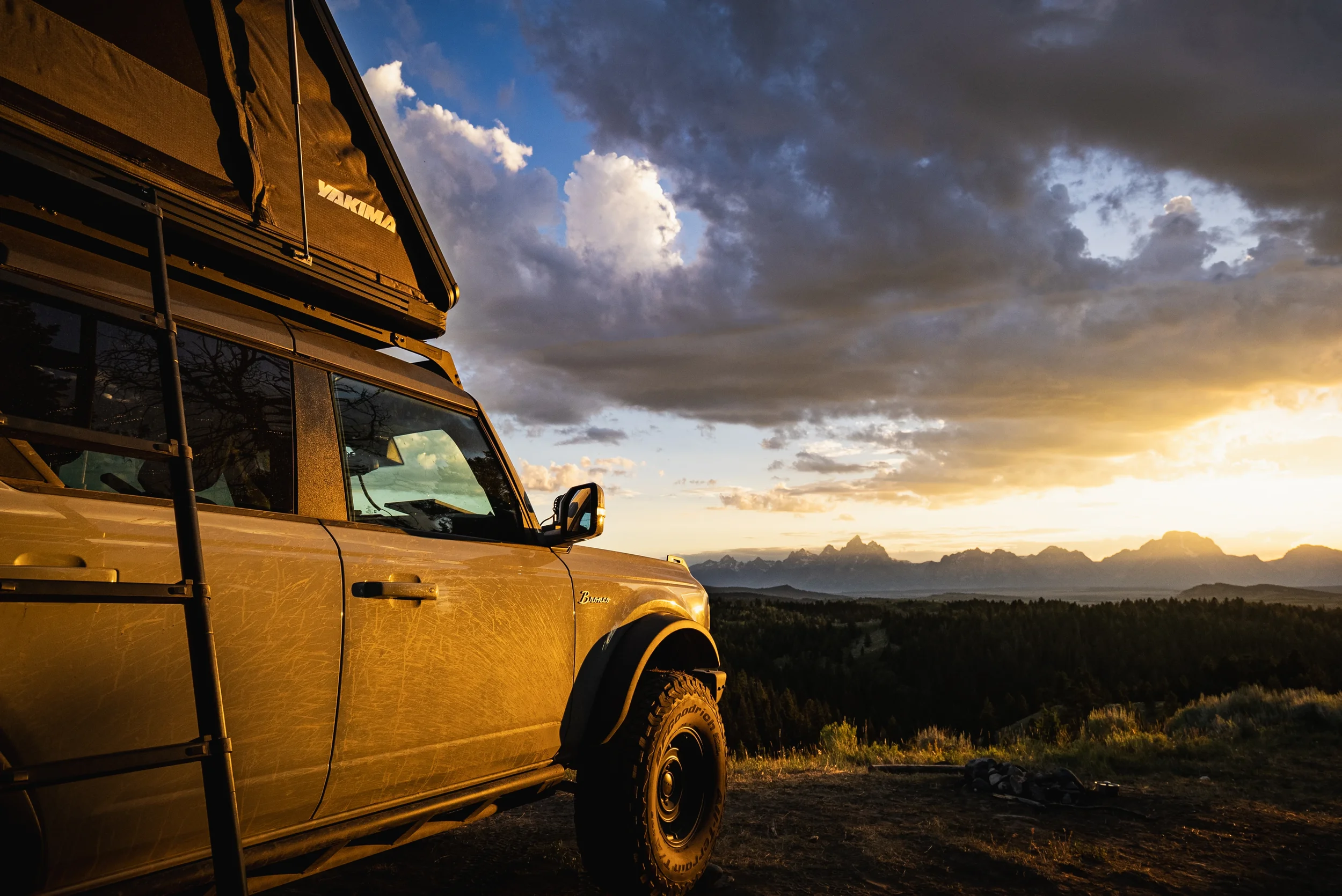 ford bronco at camp near the tetons