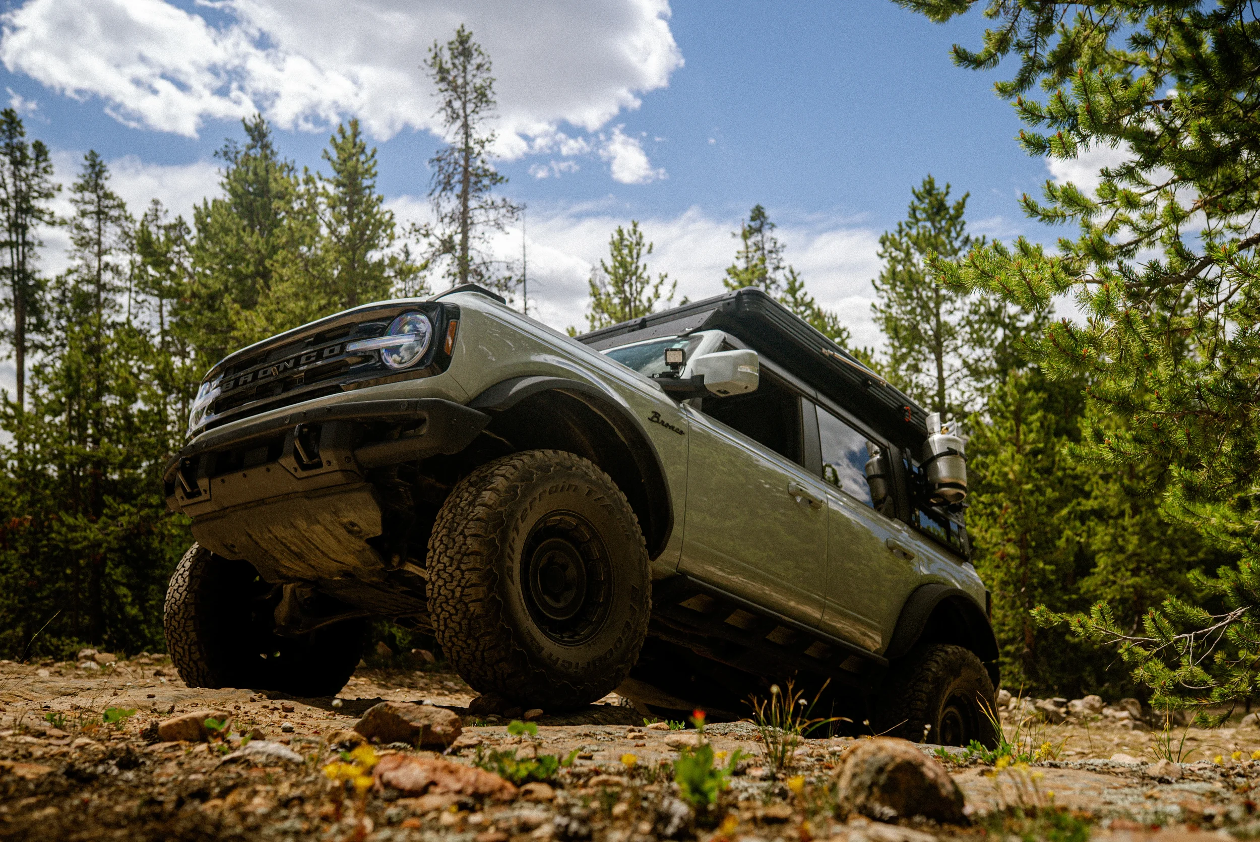 bronco on a rough forest road