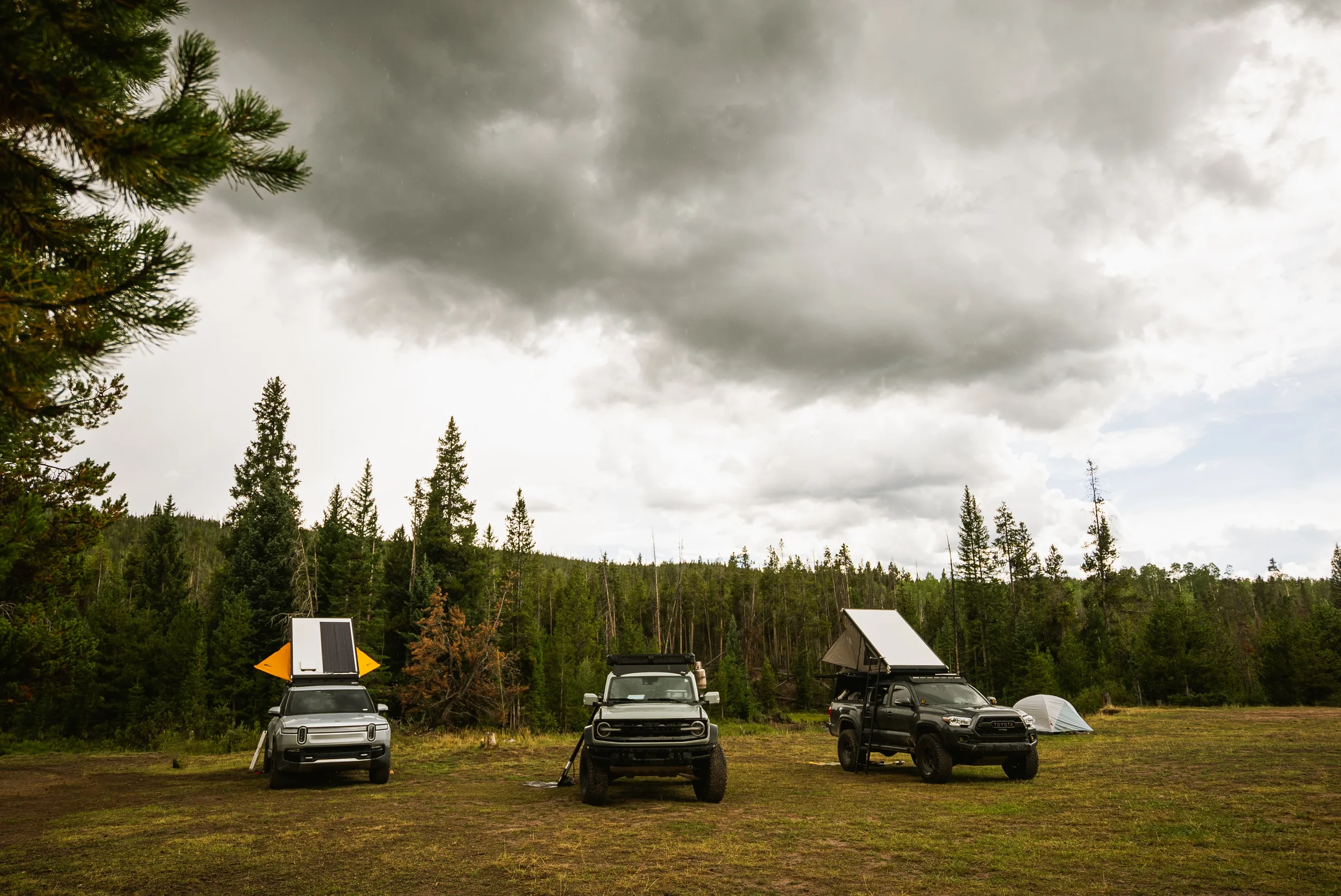 three trucks parked in a meadow