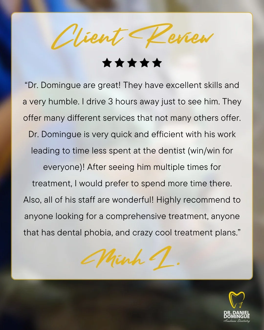 We&rsquo;re grateful for patients like Minh who trust us with their care, especially when it means driving three hours to see us. "Highly recommend to anyone looking for comprehensive treatment, anyone that has dental phobia, and crazy cool trea
