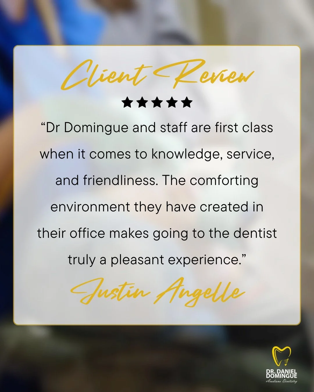 Patient experience is just as important as clinical excellence.

Justin recently shared this about his visit with our team:

&ldquo;Dr. Domingue and staff are first class when it comes to knowledge, service, and friendliness. The comforting environme