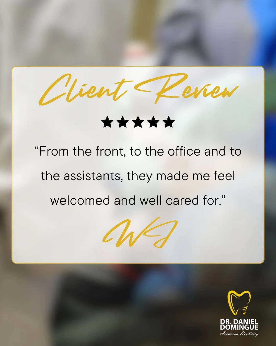&ldquo;From the front, to the office, and to the assistants, they make me feel welcomed and well cared for.&rdquo;

Thank you to WJ for the 5-star review.

A successful dental outcome involves more than just the clinical result, it encompasses the en