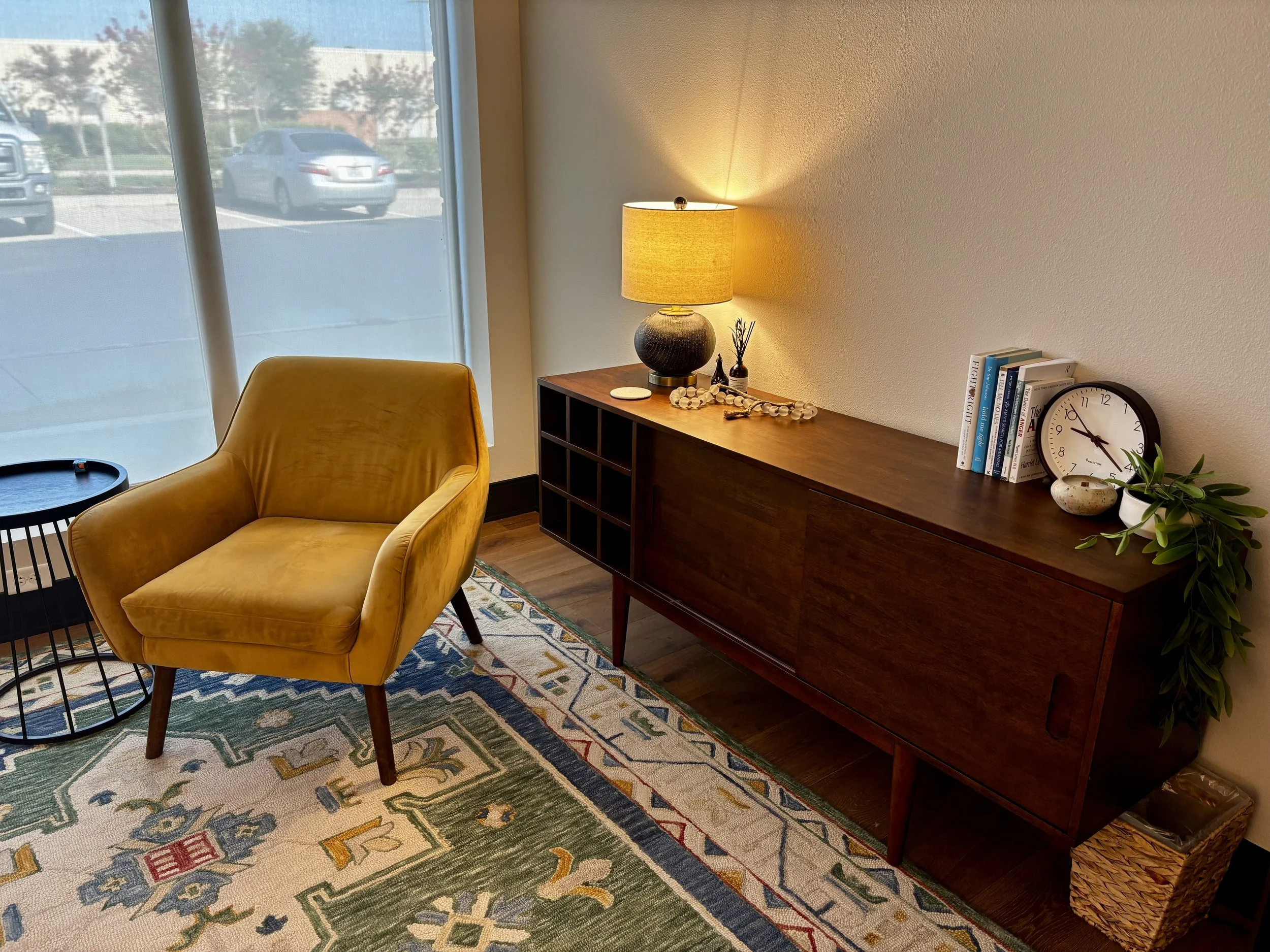 Cozy chair where the counselor sits during depth-oriented psychodynamic psychotherapy in Bryan-College Station, Texas