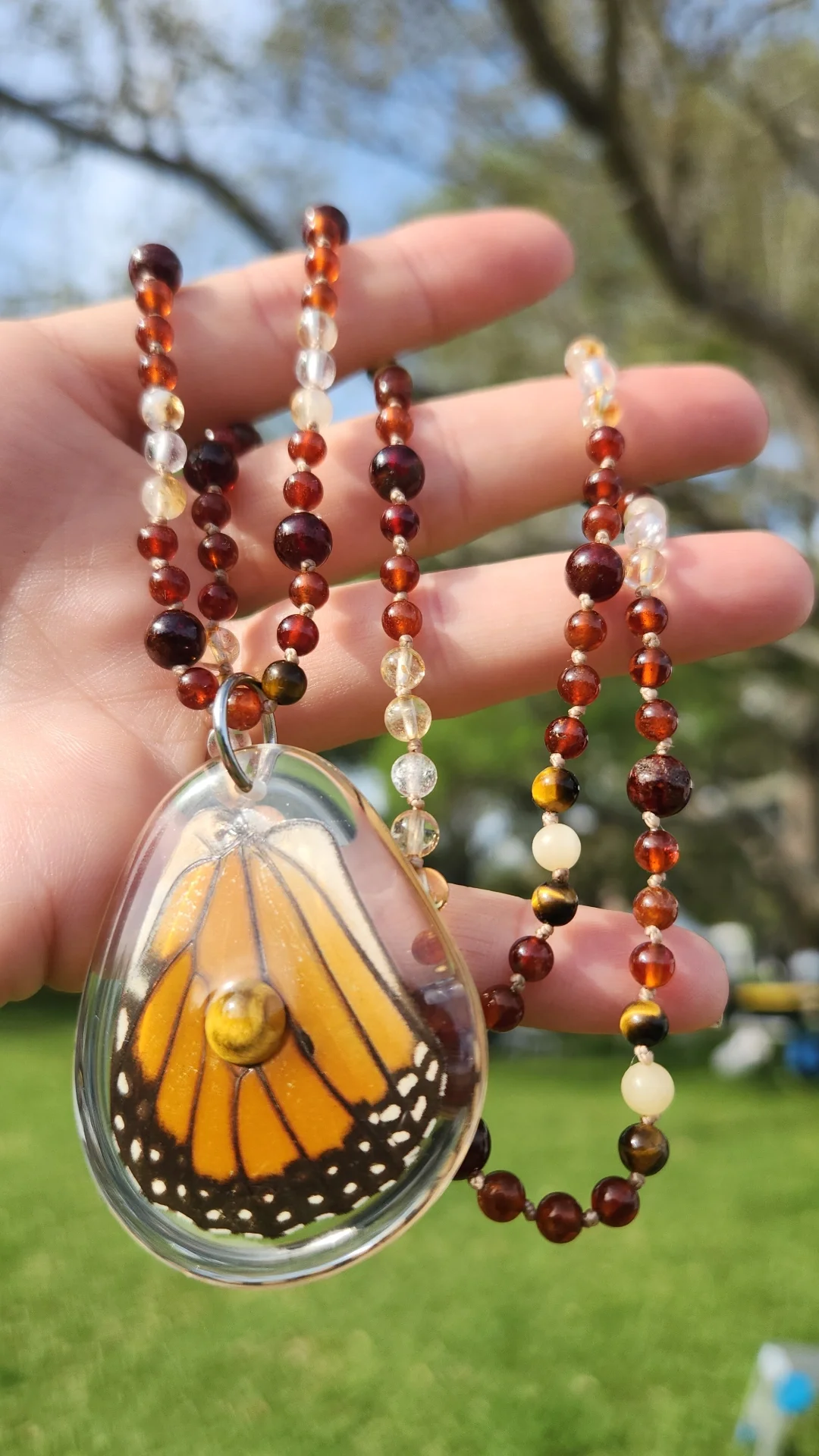 EC Monarch Wing Mini Mala with Hessonite Garnet, Tigers Eye, Honey Calcite & Citrine