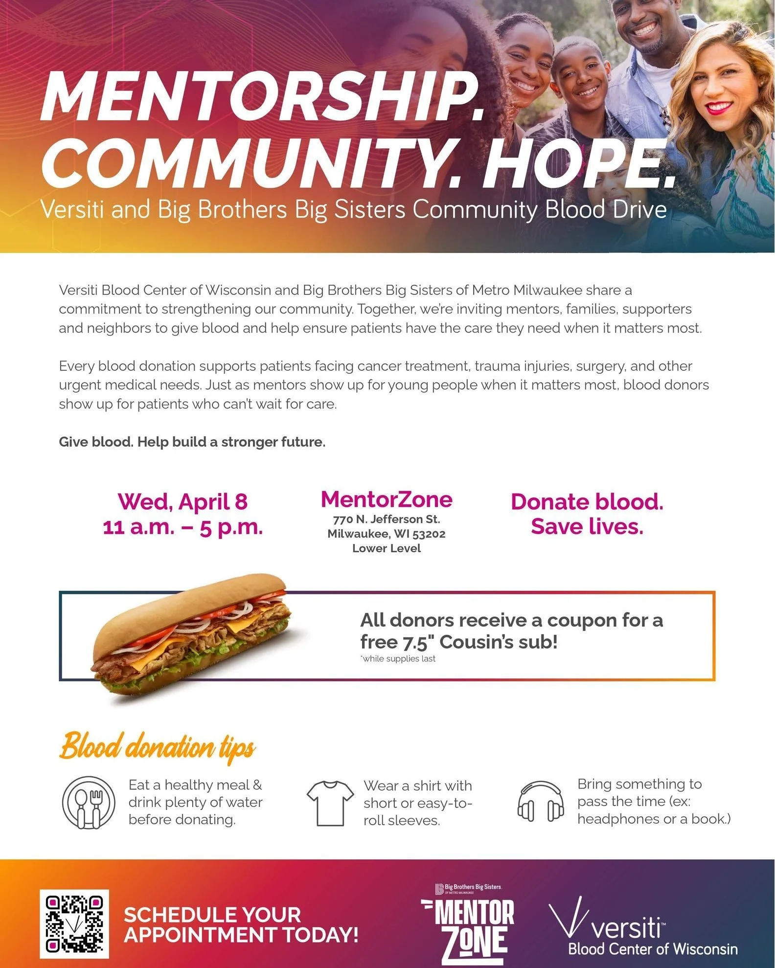 ONE WEEK!!! 💚🩸

Come on down to MentorZone on April 8th between 11-5 to #bebig, give blood, and save lives. 

Schedule your appointment here: https://donateblood.versiti.org/donor/schedules/drive_schedule/11635878

#Versiti #ittakeslittletobebig #b