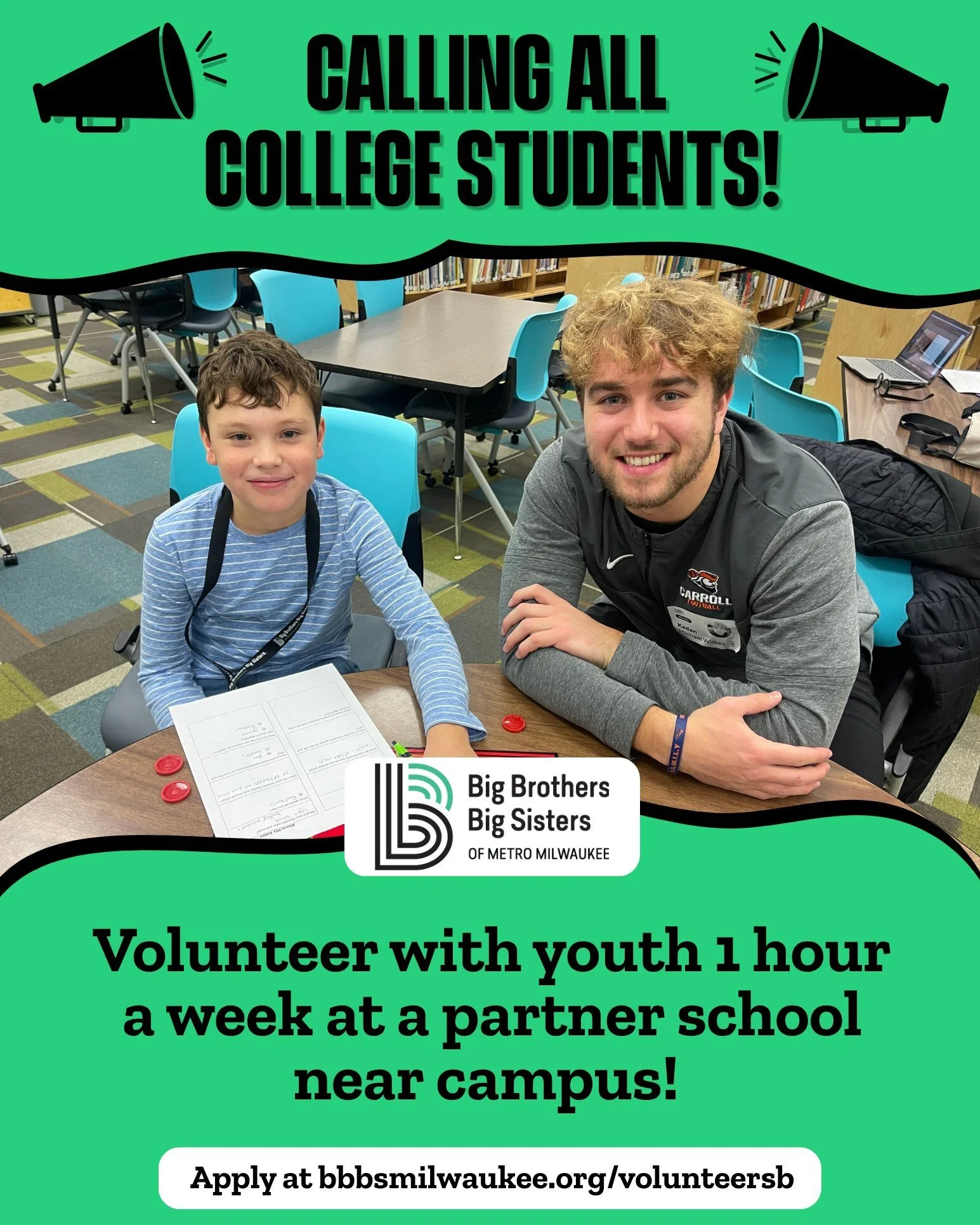 Calling all Milwaukee and Waukesha county College Students 🗣️📢

Its back to school time and we need mentors for our School-based program! For just 1 hour a week you can play games, help with homework, and make a new lifelong friend at a school near