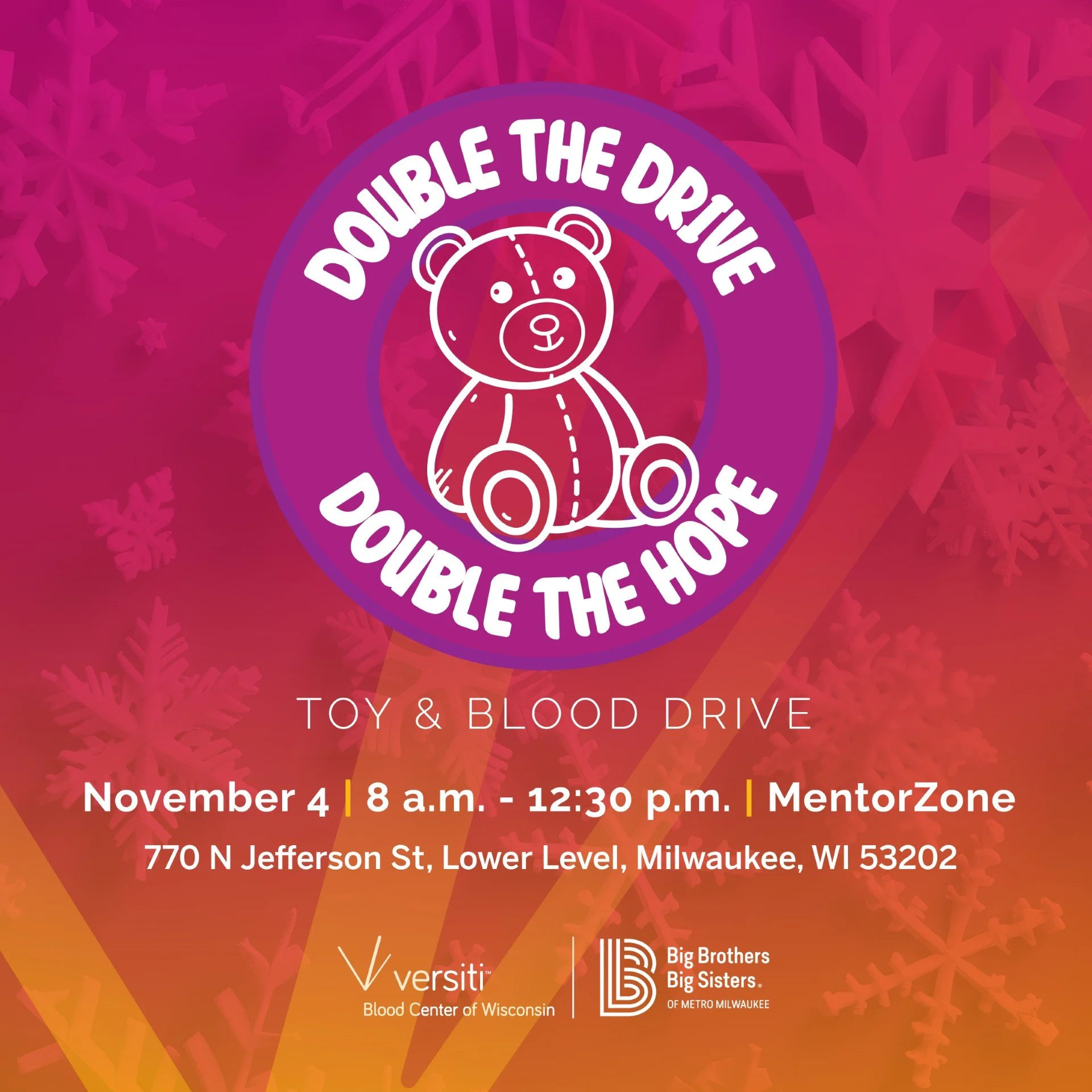 @versitibloodcenterofwisconsin X BBBS! 🧸🩸💚

Get in the holiday spirit during our Double the Drive event on November 4th. This drive benefits Versiti's lifesaving mission, and BBBS' mentorship programs while partnering with the @kids2kidstoydrive T