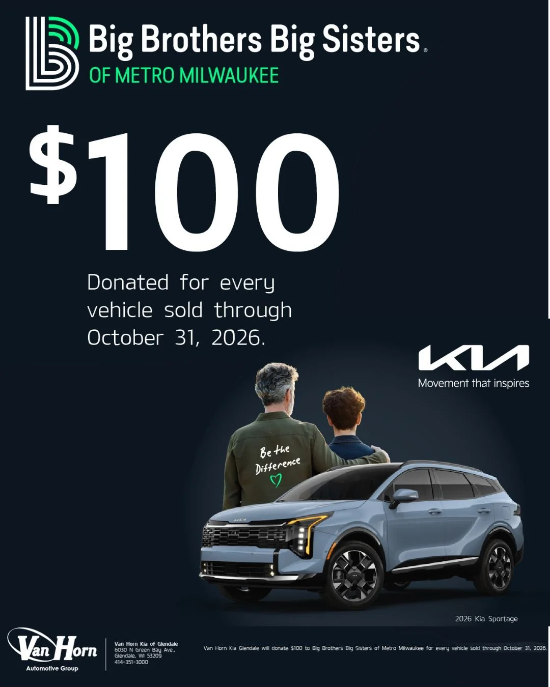 Don't forget @vanhornautomotive  if you're in the market for a new vehicle! 🚗

For every vehicle sold BBBS of Metro Milwaukee receives $100 in donations so make sure to think Van Horn when you think of your new vehicle. 💚💙