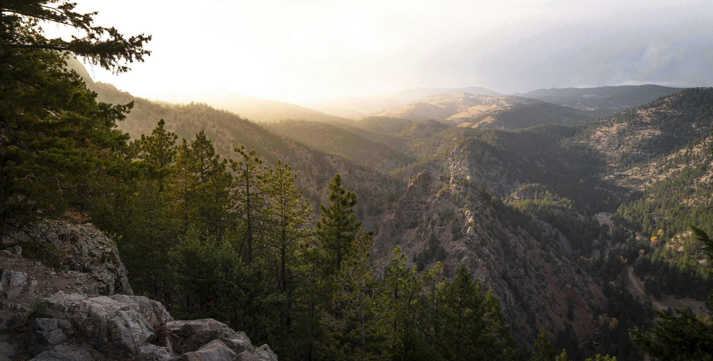 A scenic view of a mountain valley with forested slopes and a late afternoon sky, with trees in the foreground and layers of ridges extending into the distance.