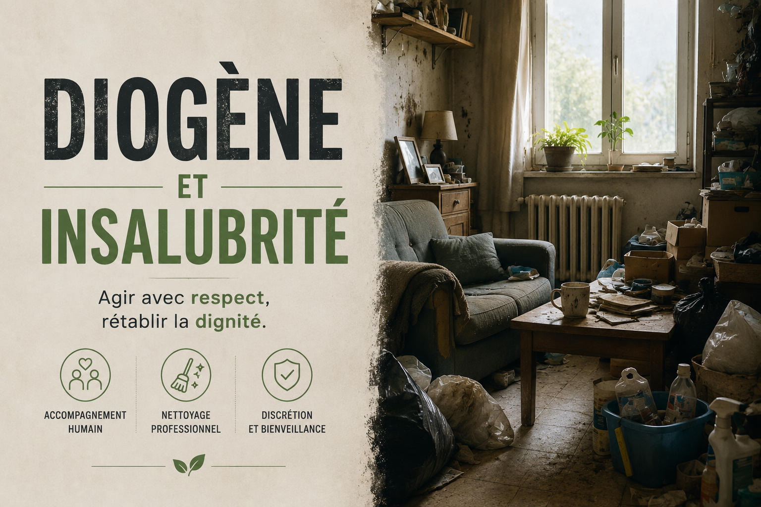 Image représentant une intervention de nettoyage dans un logement en situation d’insalubrité ou de syndrome de Diogène. La pièce montre un espace encombré et très sale avant intervention, avec des déchets et des objets accumulés. L’objectif de l’imag