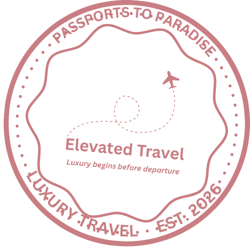 A circular logo with a pink border containing the text "PASSPORTS TO PARADISE" at the top and "LUXURY TRAVEL" at the bottom. Inside the circle, there's a stylized airplane flying along a dashed flight path. The center reads "Elevated Travel" with the phrase "Luxury begins before departure" underneath. The logo also states "EST. 2026" at the bottom.