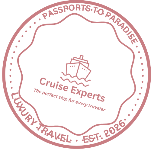 Circular logo with pink border and text that reads 'PASSPORTS TO PARADISE' at the top and 'LUXURY, TRAVEL, EST. 2020' at the bottom. Inside the circle, there is a stylized ship with waves underneath and the words 'Cruise Experts' above; below it says 'The perfect ship for every traveler.'