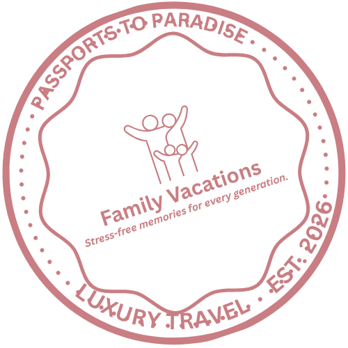 A pink circular stamp-style logo with an inner illustration of three stick figure people holding hands and jumping. The outer circle contains the text 'Pasaporte to Paradise,' 'Luxury Travel,' 'Family Vacations,' and 'Est. 2024.' The center has the phrase 'Family Vacations - Stress-free memories for every generation.'