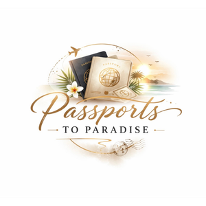 Travel-themed graphic with a globe passport, airplane, palm trees, and flowers, with the text "Passports to Paradise."