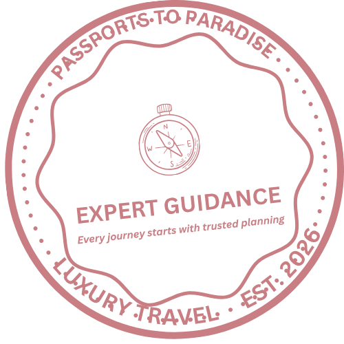 A circular badge with a pink border and text that reads 'Passports to Paradise' at the top, 'Luxury Travel' and 'EST. 2023' at the bottom. Inside, there is a stylized compass and the text 'Expert Guidance' with the phrase 'Every journey starts with trusted planning' below it.