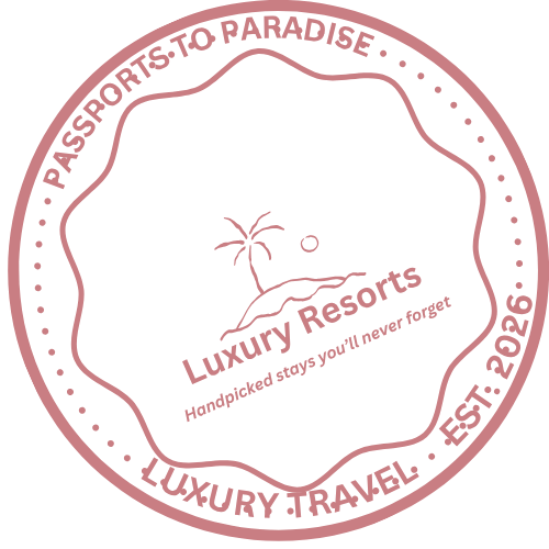 A circular logo with a pink outline and text in pink and black, featuring a palm tree, a small island, and a setting sun. The outer ring reads 'Passports to Paradise.' Inside, it says 'Luxury Resorts, Luxury Travel, Est. 2016,' and the middle text states 'Handpicked stays you'll never forget.'
