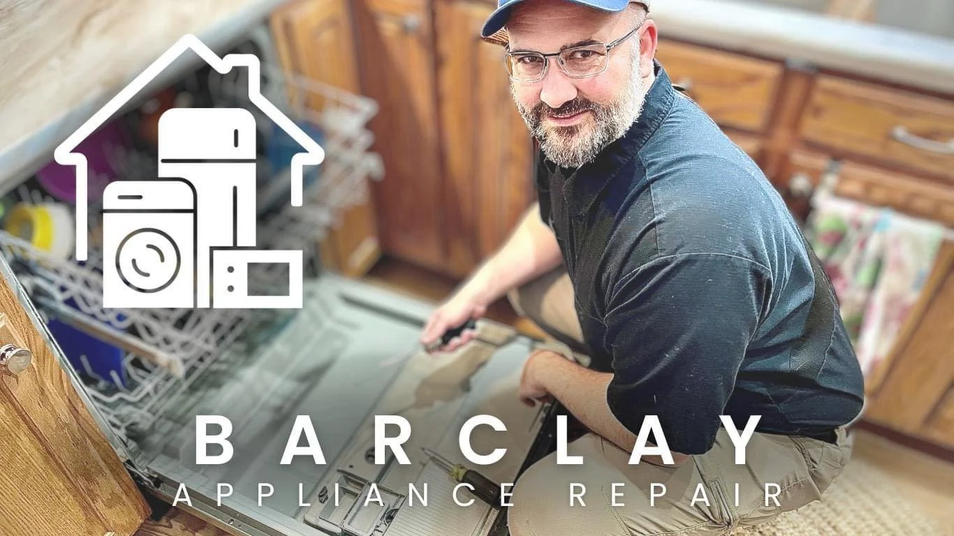 A man fixing a dishwasher in a kitchen with wooden cabinets, with a graphic of household appliances and the text 'Barclay Appliance Repair'.