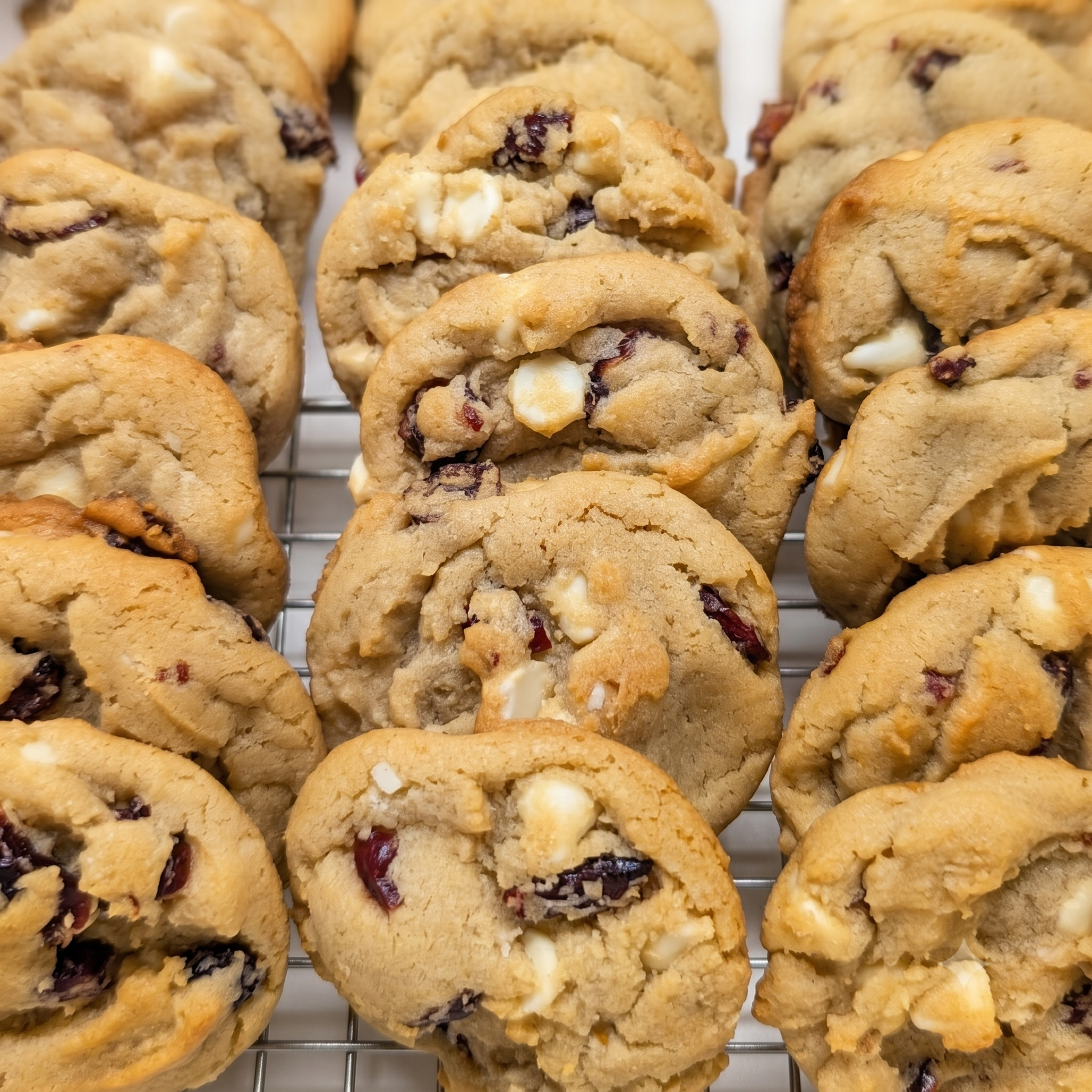Rows of golden-brown white chocolate cranberry cookies with visible white chocolate chunks and dried cranberries.
