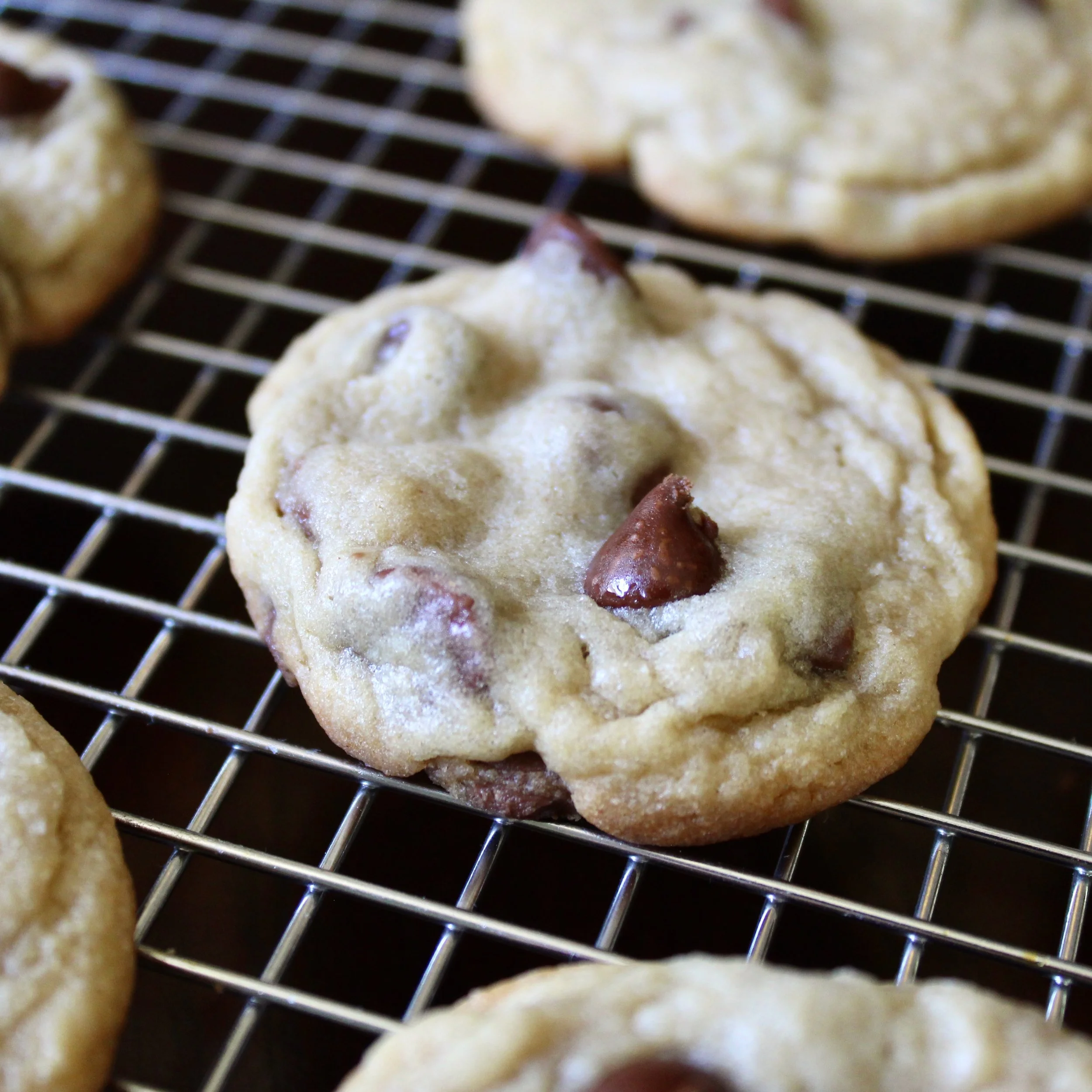 A soft, freshly baked chocolate chip cookie cooling on a metal wire rack, featuring prominent melted chocolate chips.