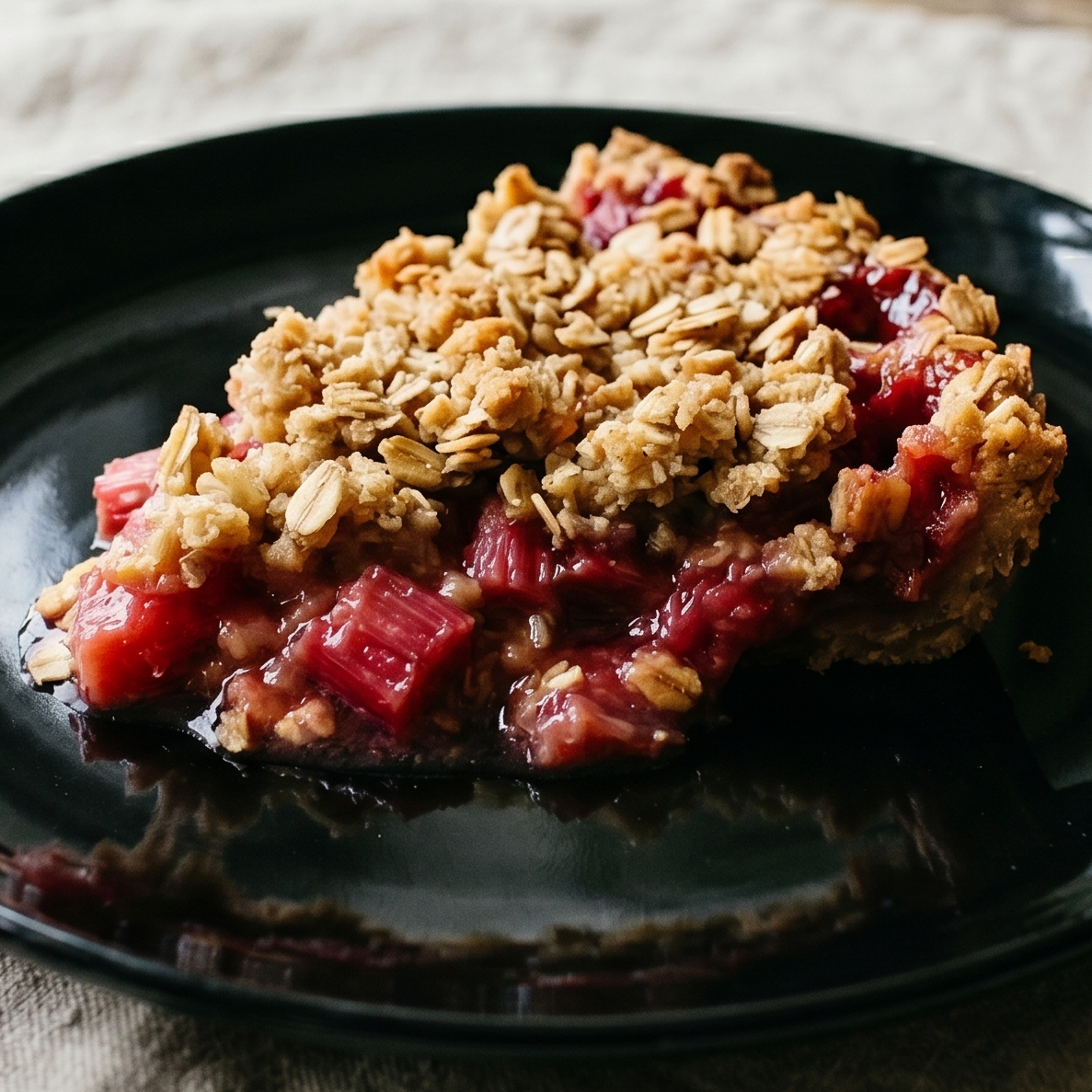 A slice of warm rhubarb crisp with a golden, textured oat topping and vibrant pink filling on a black plate.