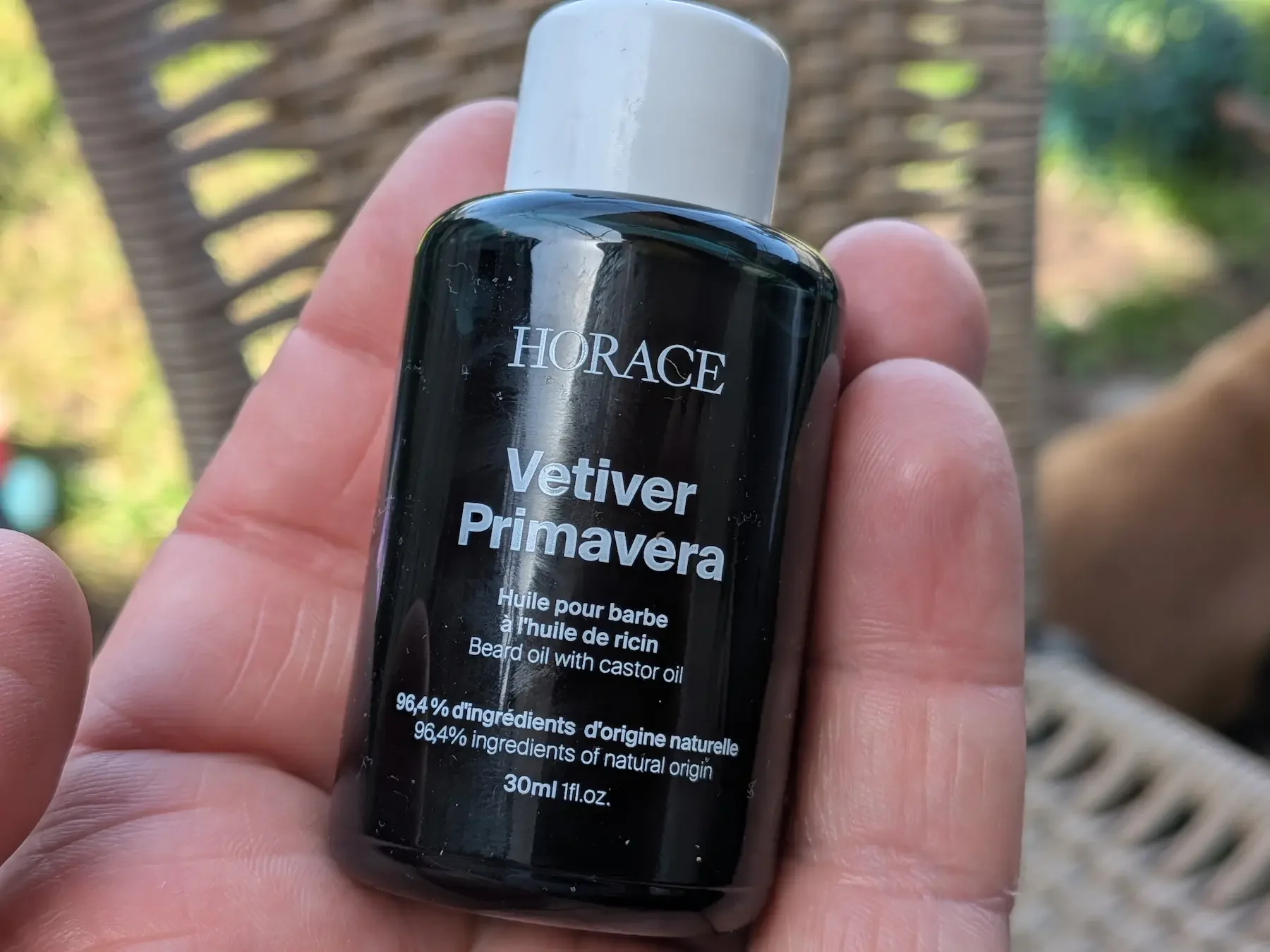 Horace Vetiver Primavera beard oil bottle close-up